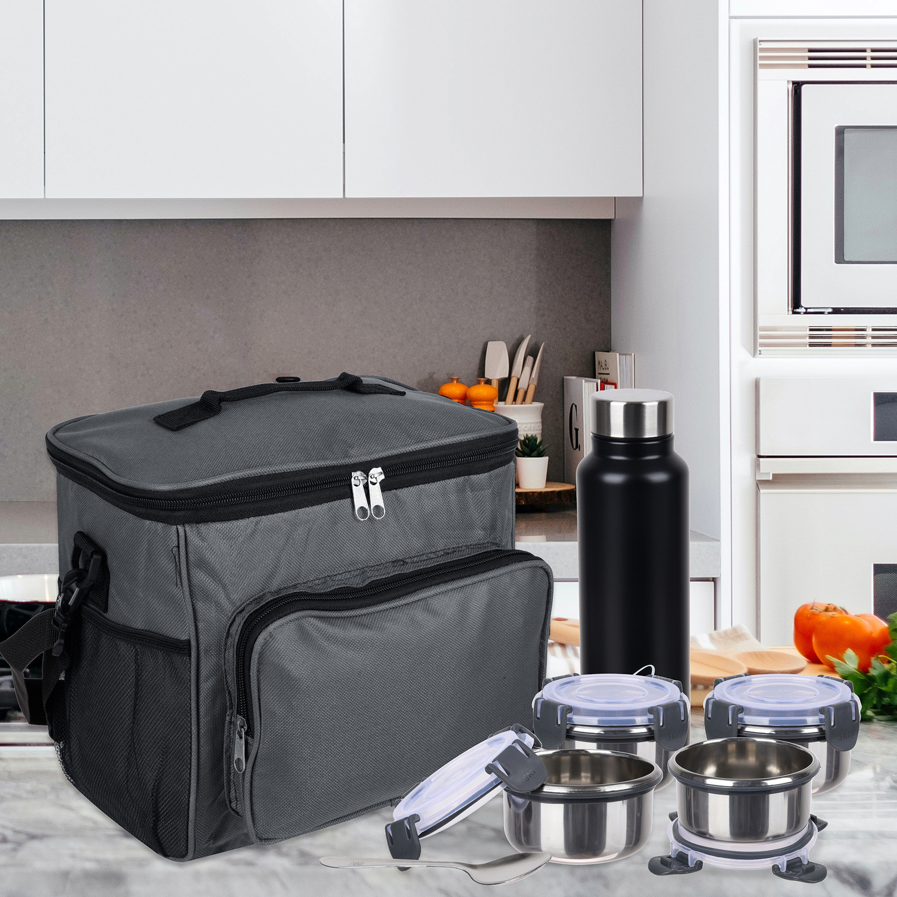 Kuber Industries Lunch Bag | Rexine Thermal Insulated Lunch Bag | Tiffin Bag with Bottle Holder | Waterproof Top Handle Lunch Bag | Front Pocket Lunch Bag for Office | Gray