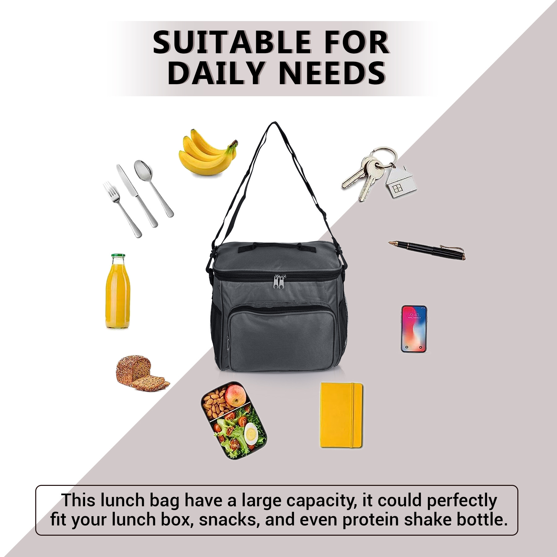 Kuber Industries Lunch Bag | Rexine Thermal Insulated Lunch Bag | Tiffin Bag with Bottle Holder | Waterproof Top Handle Lunch Bag | Front Pocket Lunch Bag for Office | Gray