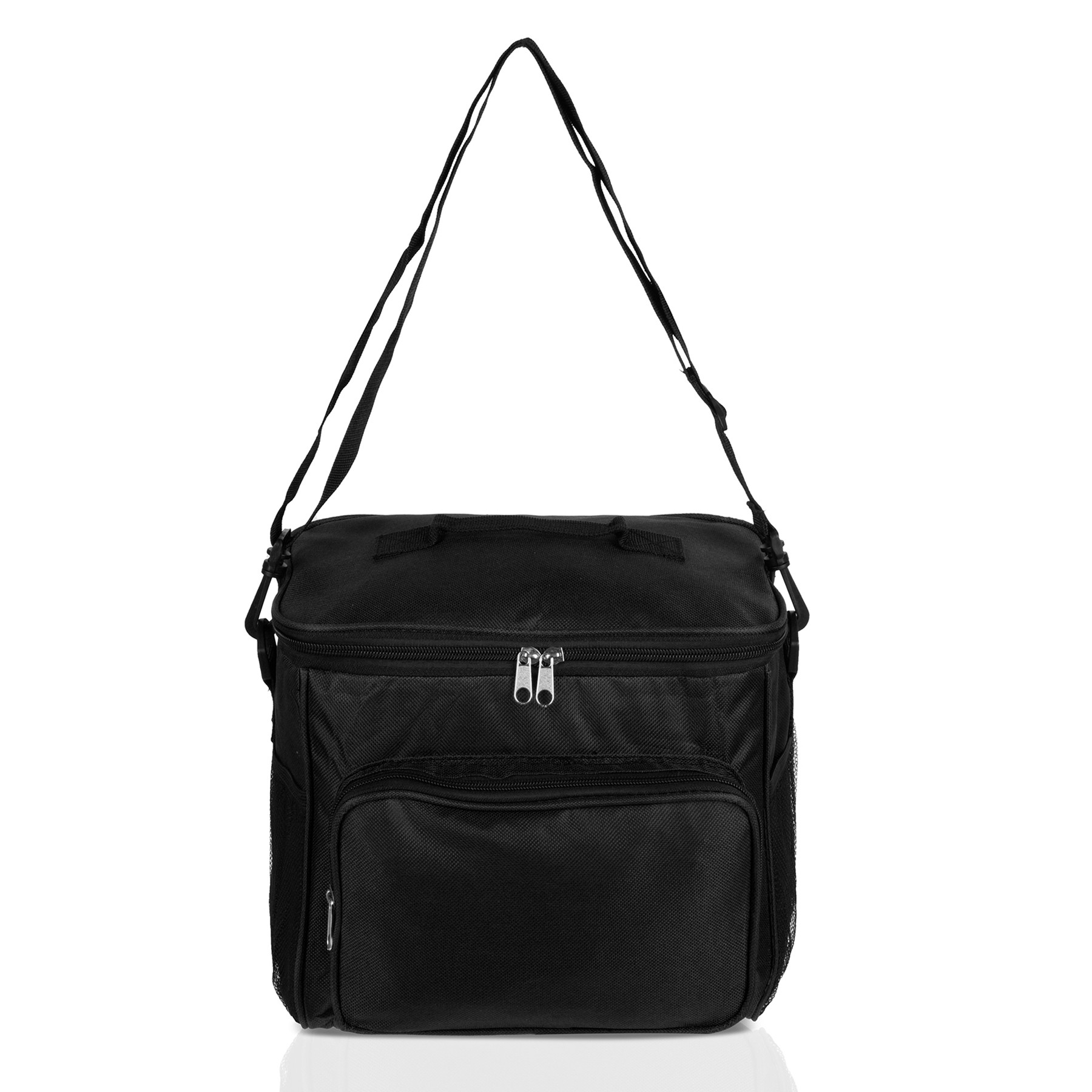 Kuber Industries Lunch Bag | Rexine Thermal Insulated Lunch Bag | Tiffin Bag with Bottle Holder | Waterproof Top Handle Lunch Bag | Front Pocket Lunch Bag for Office | Black