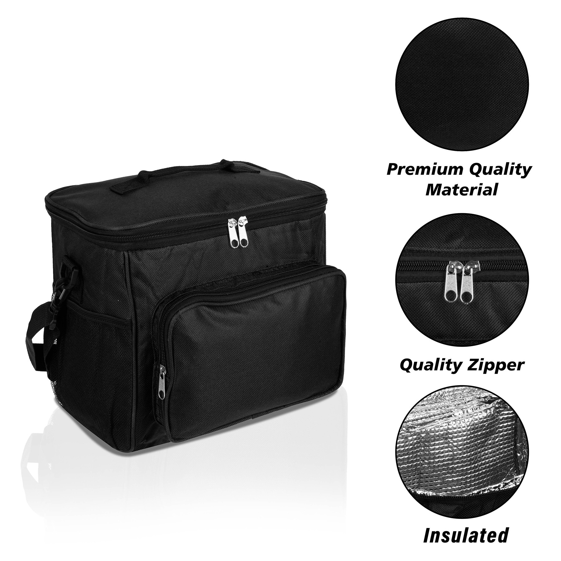 Kuber Industries Lunch Bag | Rexine Thermal Insulated Lunch Bag | Tiffin Bag with Bottle Holder | Waterproof Top Handle Lunch Bag | Front Pocket Lunch Bag for Office | Black