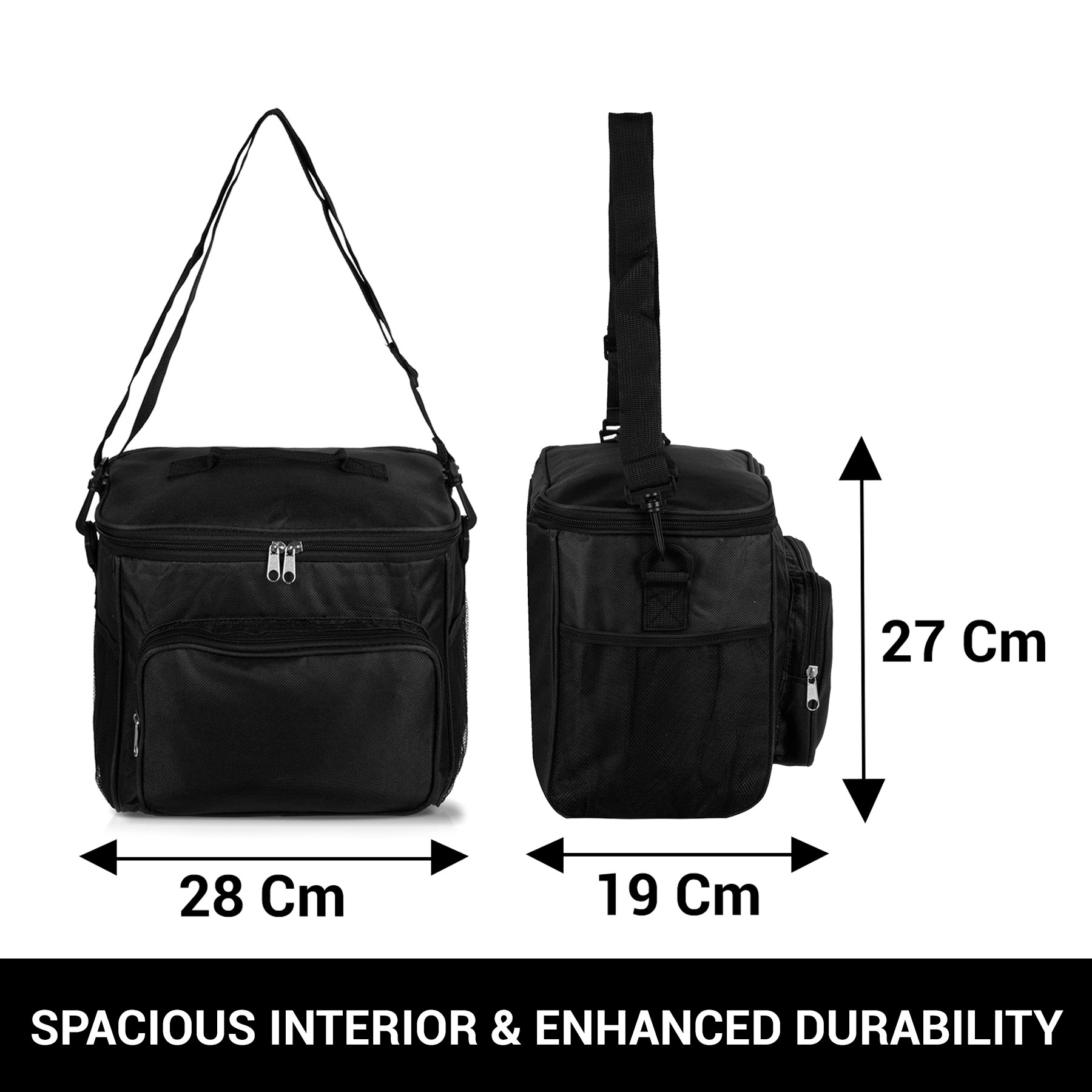 Kuber Industries Lunch Bag | Rexine Thermal Insulated Lunch Bag | Tiffin Bag with Bottle Holder | Waterproof Top Handle Lunch Bag | Front Pocket Lunch Bag for Office | Black