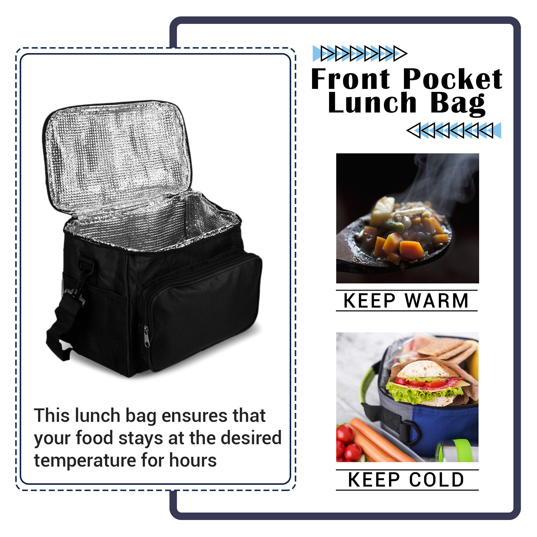 Kuber Industries Lunch Bag | Rexine Thermal Insulated Lunch Bag | Tiffin Bag with Bottle Holder | Waterproof Top Handle Lunch Bag | Front Pocket Lunch Bag for Office | Black
