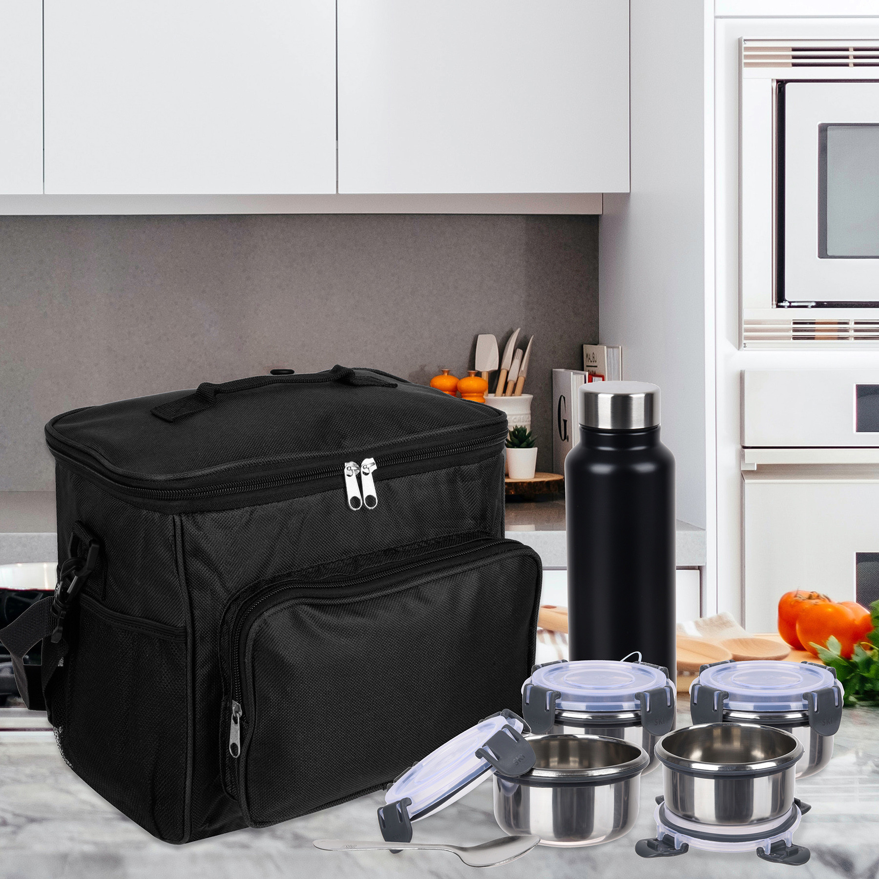 Kuber Industries Lunch Bag | Rexine Thermal Insulated Lunch Bag | Tiffin Bag with Bottle Holder | Waterproof Top Handle Lunch Bag | Front Pocket Lunch Bag for Office | Black