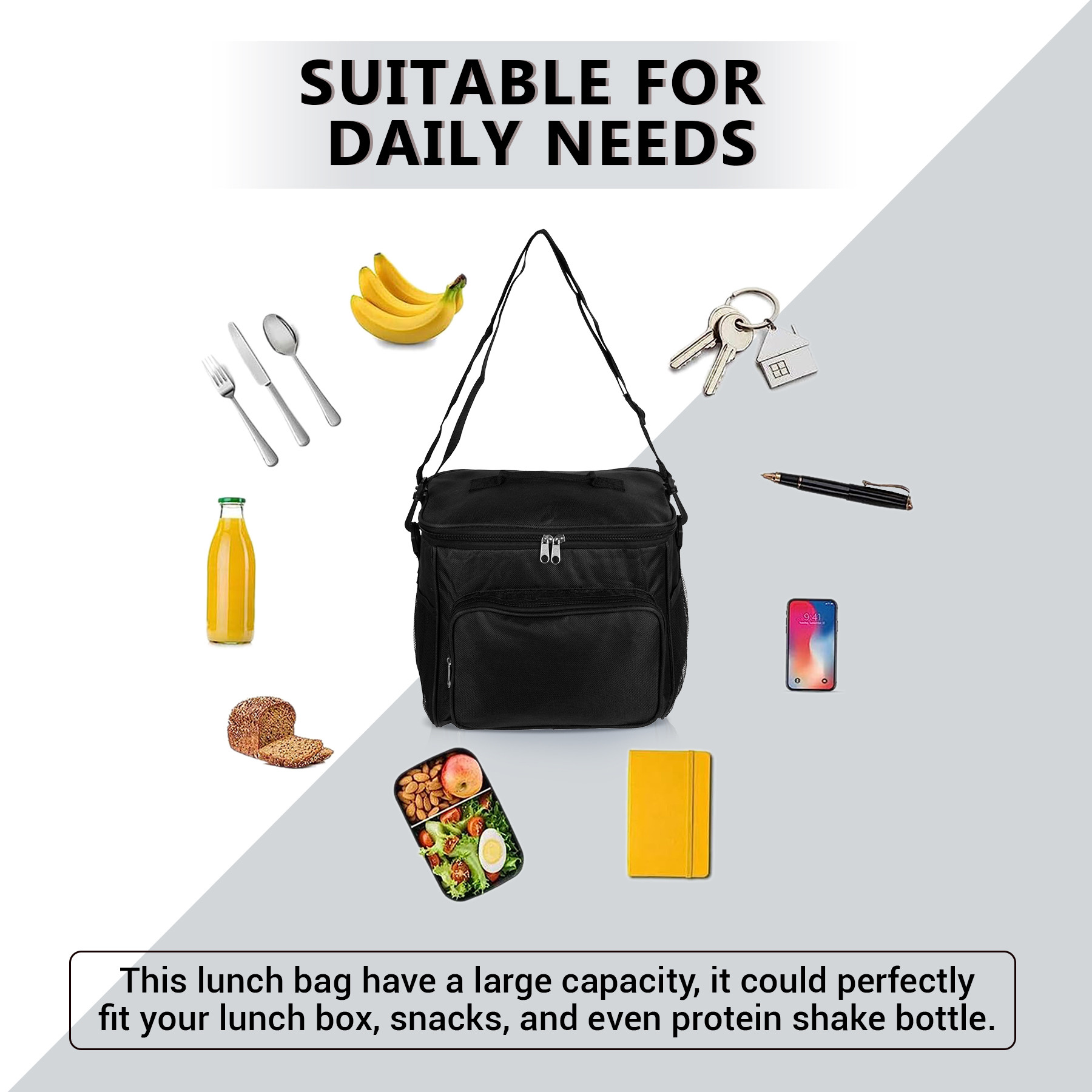 Kuber Industries Lunch Bag | Rexine Thermal Insulated Lunch Bag | Tiffin Bag with Bottle Holder | Waterproof Top Handle Lunch Bag | Front Pocket Lunch Bag for Office | Black