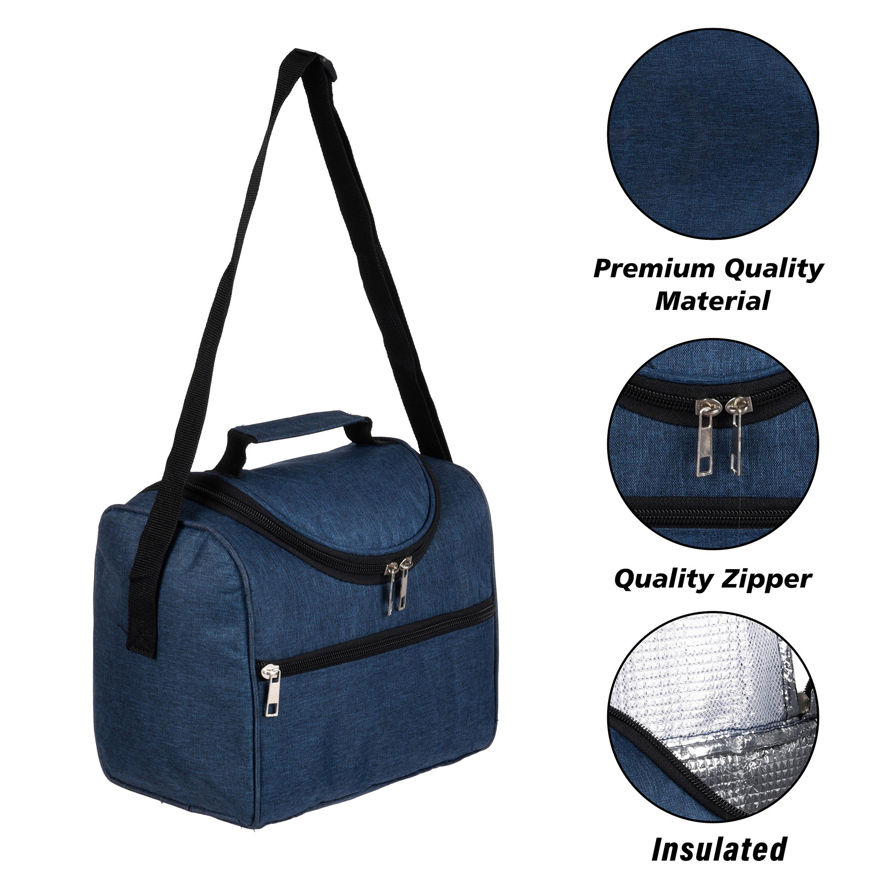 Kuber Industries Lunch Bag  Rexine Thermal Insulated Lunch Bag  Waterproof Tiffin Cover with Handle  Front Pocket Lunch Bag for Office  Zipper Lunch Bag for Camping  Blue