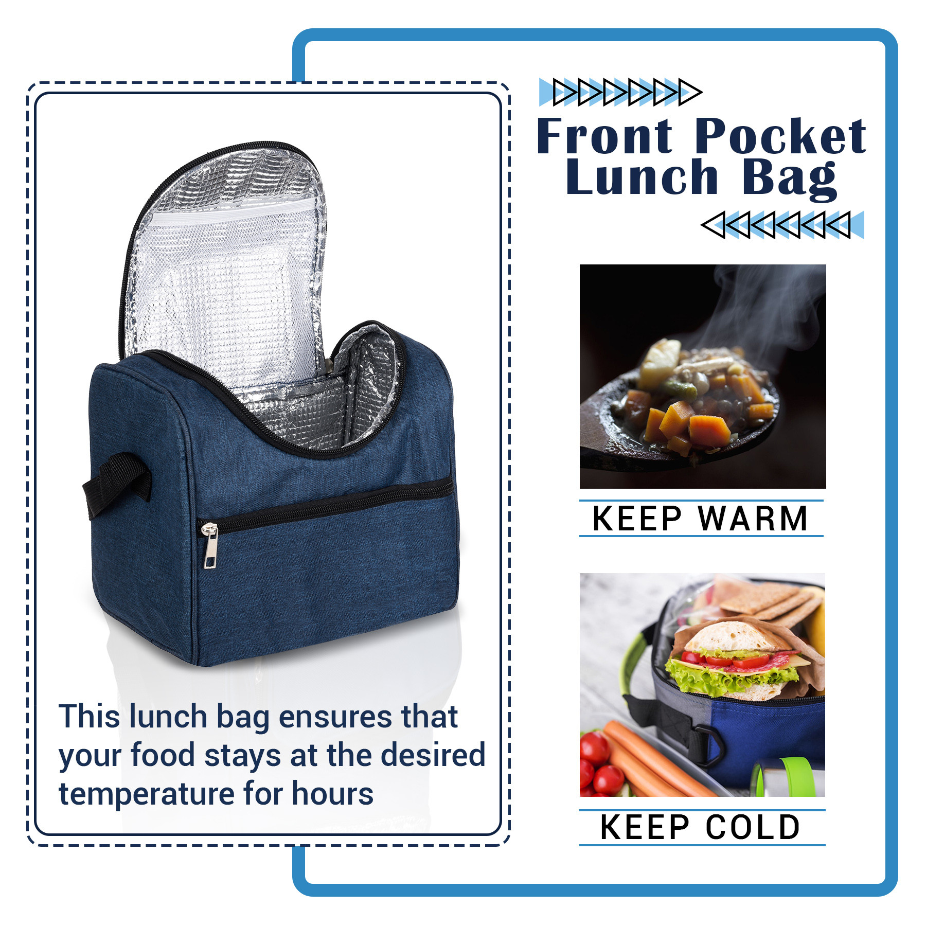 Kuber Industries Lunch Bag  Rexine Thermal Insulated Lunch Bag  Waterproof Tiffin Cover with Handle  Front Pocket Lunch Bag for Office  Zipper Lunch Bag for Camping  Blue