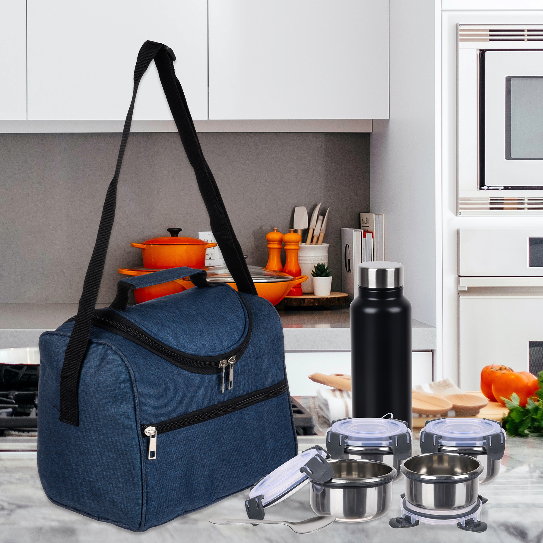 Kuber Industries Lunch Bag | Rexine Thermal Insulated Lunch Bag | Waterproof Tiffin Cover with Handle | Front Pocket Lunch Bag for Office | Zipper Lunch Bag for Camping | Blue