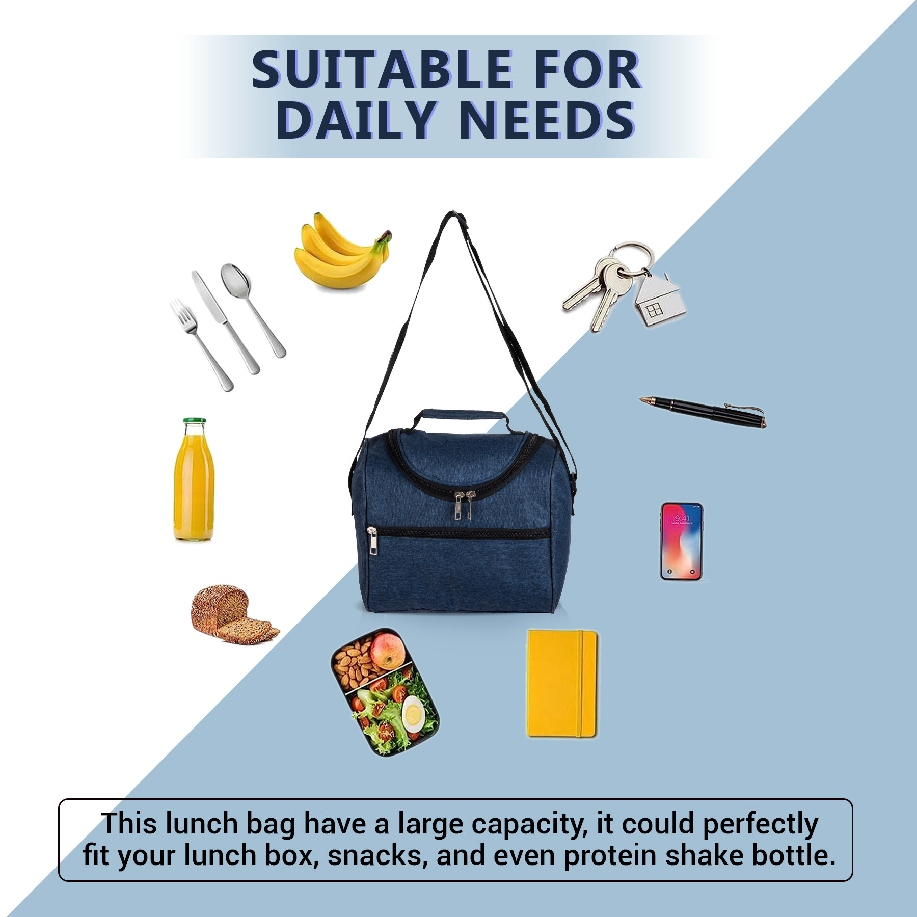 Kuber Industries Lunch Bag | Rexine Thermal Insulated Lunch Bag | Waterproof Tiffin Cover with Handle | Front Pocket Lunch Bag for Office | Zipper Lunch Bag for Camping | Blue