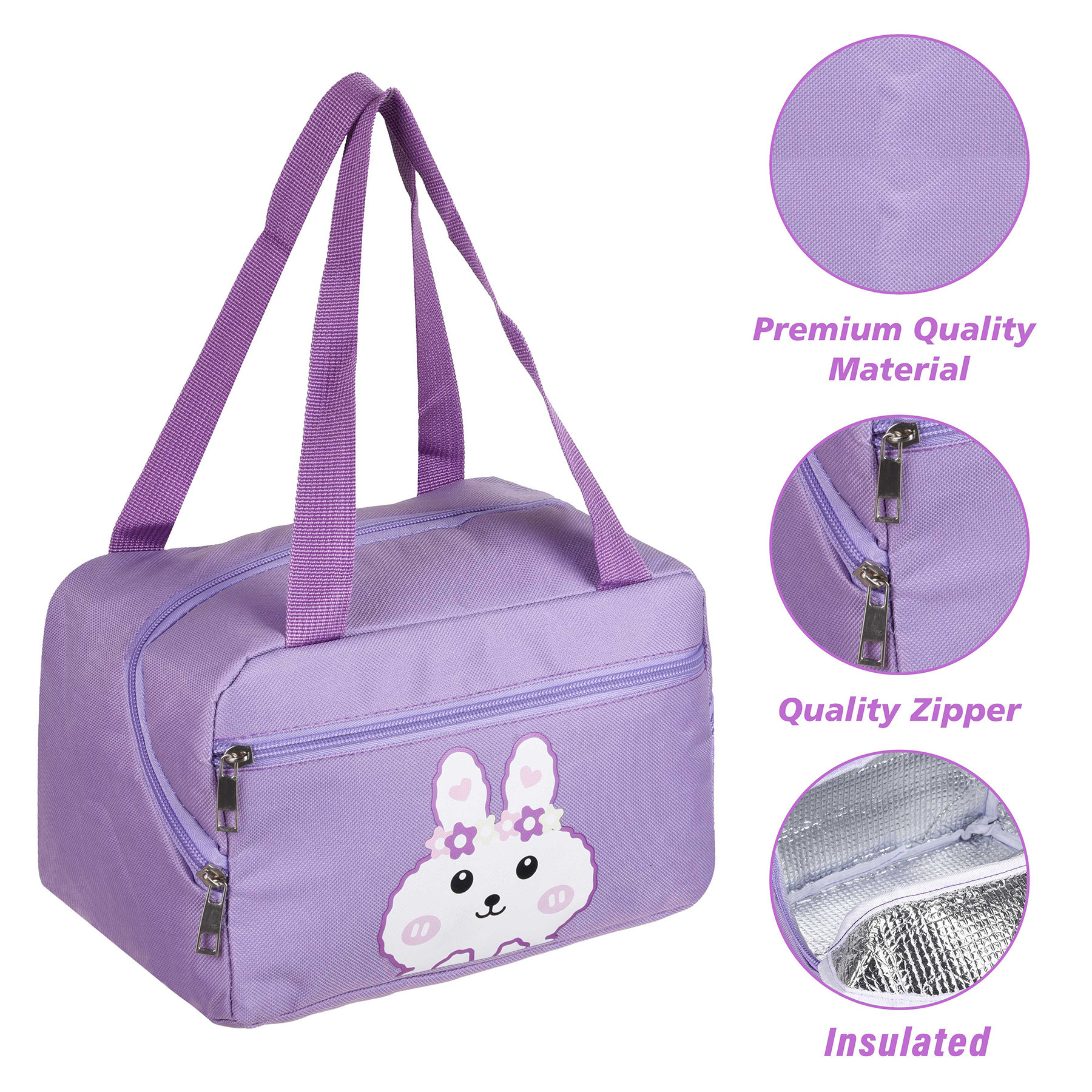 Kuber Industries Lunch Bag  Thermal Insulated Lunch Bag  Lunch Bag for Office  Lunch Bag for Camping with Front Pocket  Waterproof Tiffin Cover with Handle  White Rabbit-Print  Purple