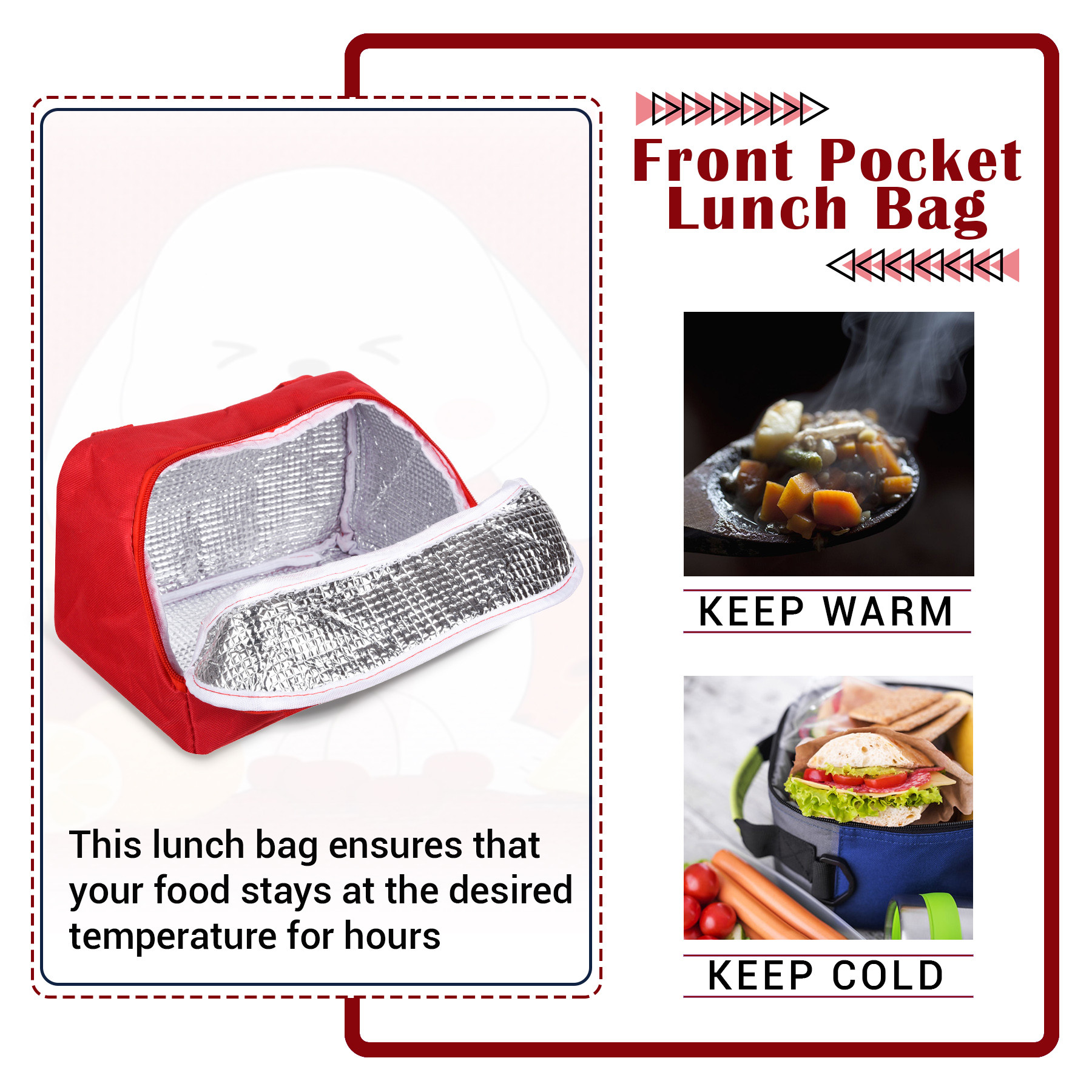 Kuber Industries Lunch Bag  Thermal Insulated Lunch Bag  Lunch Bag for Office  Lunch Bag for Camping with Front Pocket  Waterproof Tiffin Cover with Handle  Fruit Rabbit-Print  Red