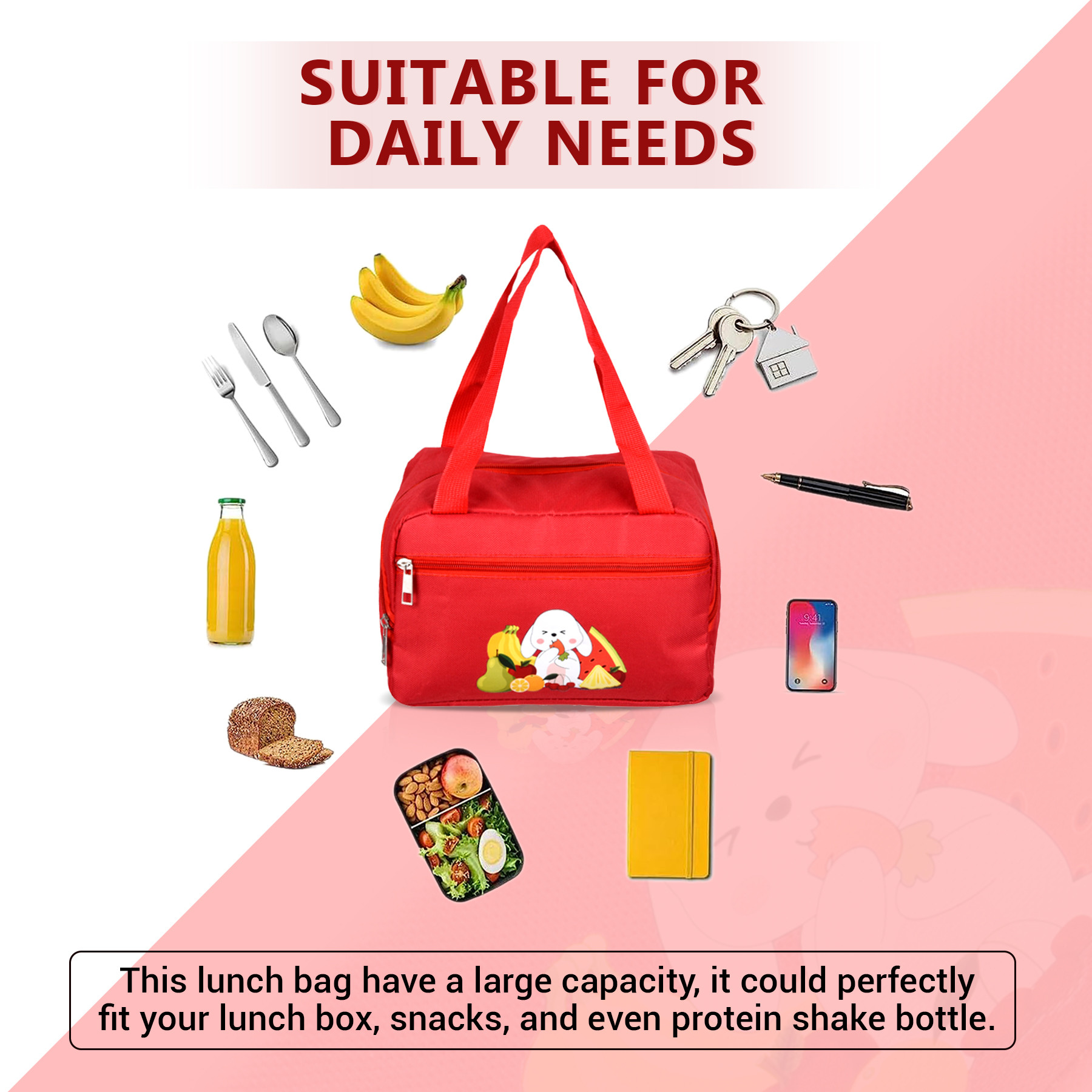 Kuber Industries Lunch Bag  Thermal Insulated Lunch Bag  Lunch Bag for Office  Lunch Bag for Camping with Front Pocket  Waterproof Tiffin Cover with Handle  Fruit Rabbit-Print  Red