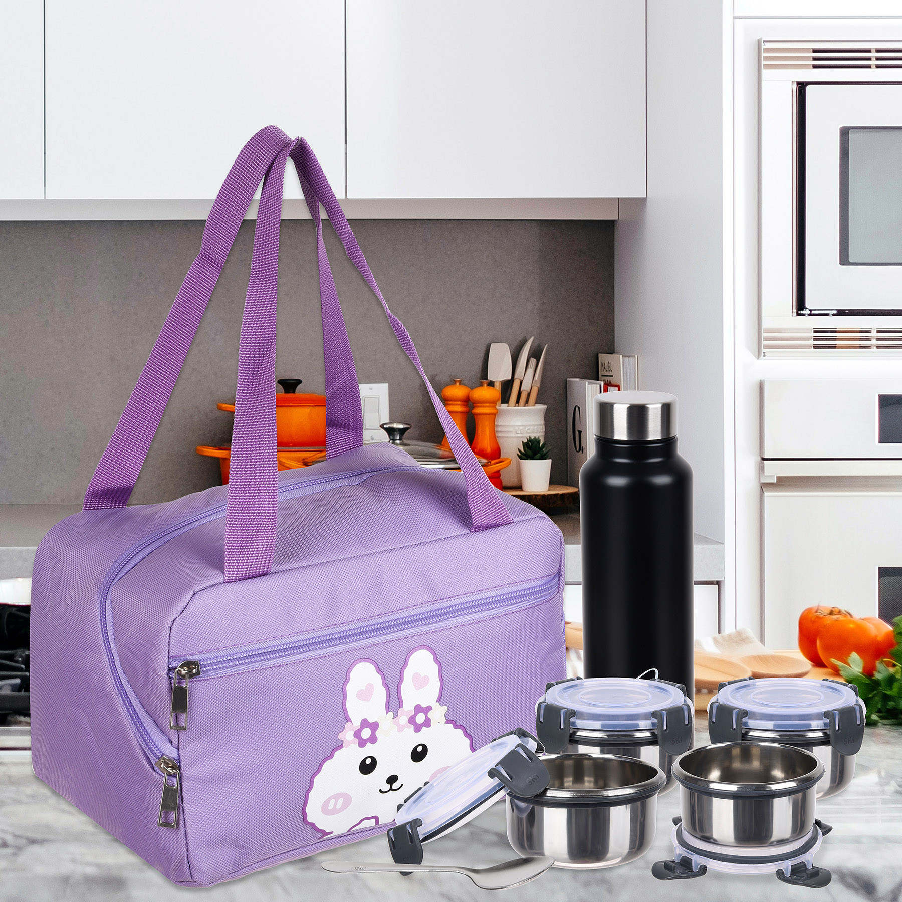 Kuber Industries Lunch Bag  Thermal Insulated Lunch Bag  Lunch Bag for Office  Lunch Bag for Camping with Front Pocket  Waterproof Tiffin Cover with Handle  White Rabbit-Print  Purple