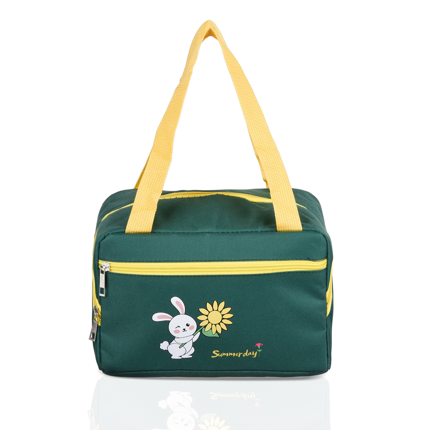 Kuber Industries Lunch Bag | Thermal Insulated Lunch Bag | Lunch Bag for Office | Lunch Bag for Camping with Front Pocket | Waterproof Tiffin Cover with Handle | Summer Rabbit | Green