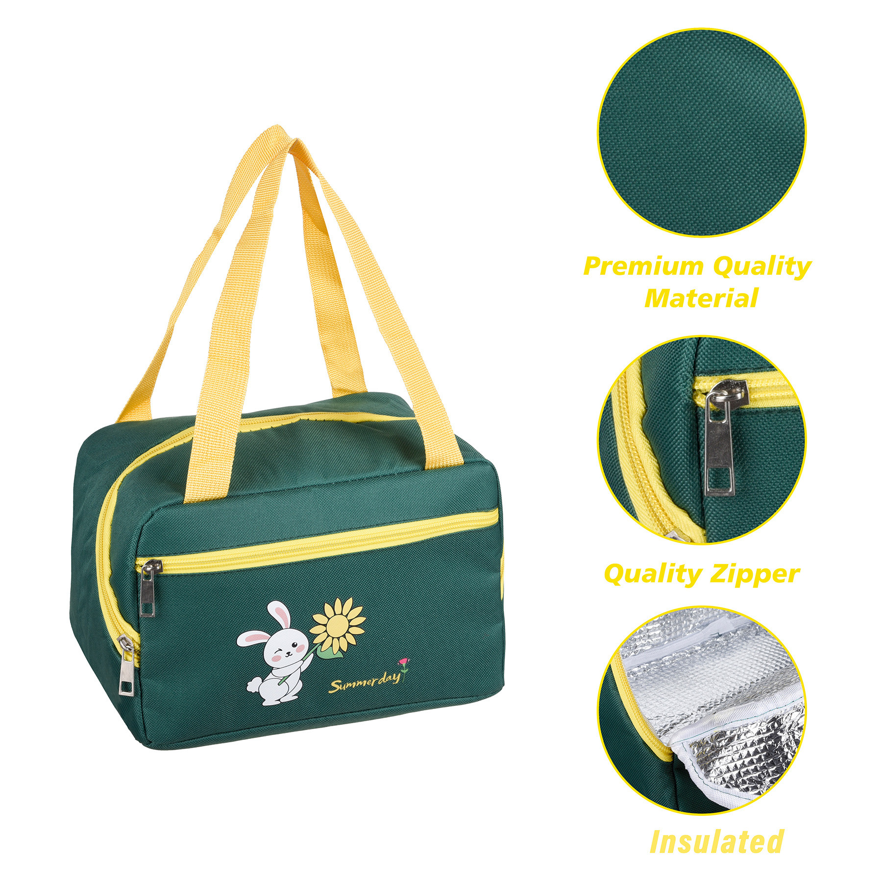 Kuber Industries Lunch Bag | Thermal Insulated Lunch Bag | Lunch Bag for Office | Lunch Bag for Camping with Front Pocket | Waterproof Tiffin Cover with Handle | Summer Rabbit | Green