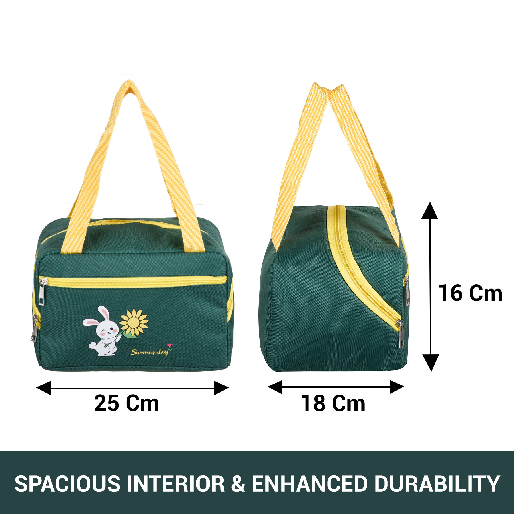 Kuber Industries Lunch Bag | Thermal Insulated Lunch Bag | Lunch Bag for Office | Lunch Bag for Camping with Front Pocket | Waterproof Tiffin Cover with Handle | Summer Rabbit | Green