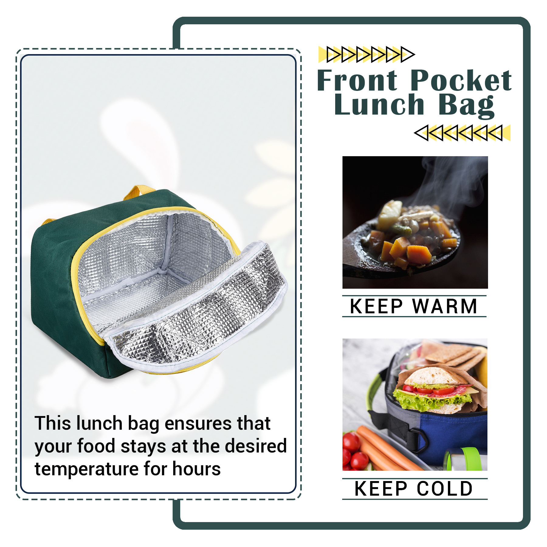 Kuber Industries Lunch Bag | Thermal Insulated Lunch Bag | Lunch Bag for Office | Lunch Bag for Camping with Front Pocket | Waterproof Tiffin Cover with Handle | Summer Rabbit | Green