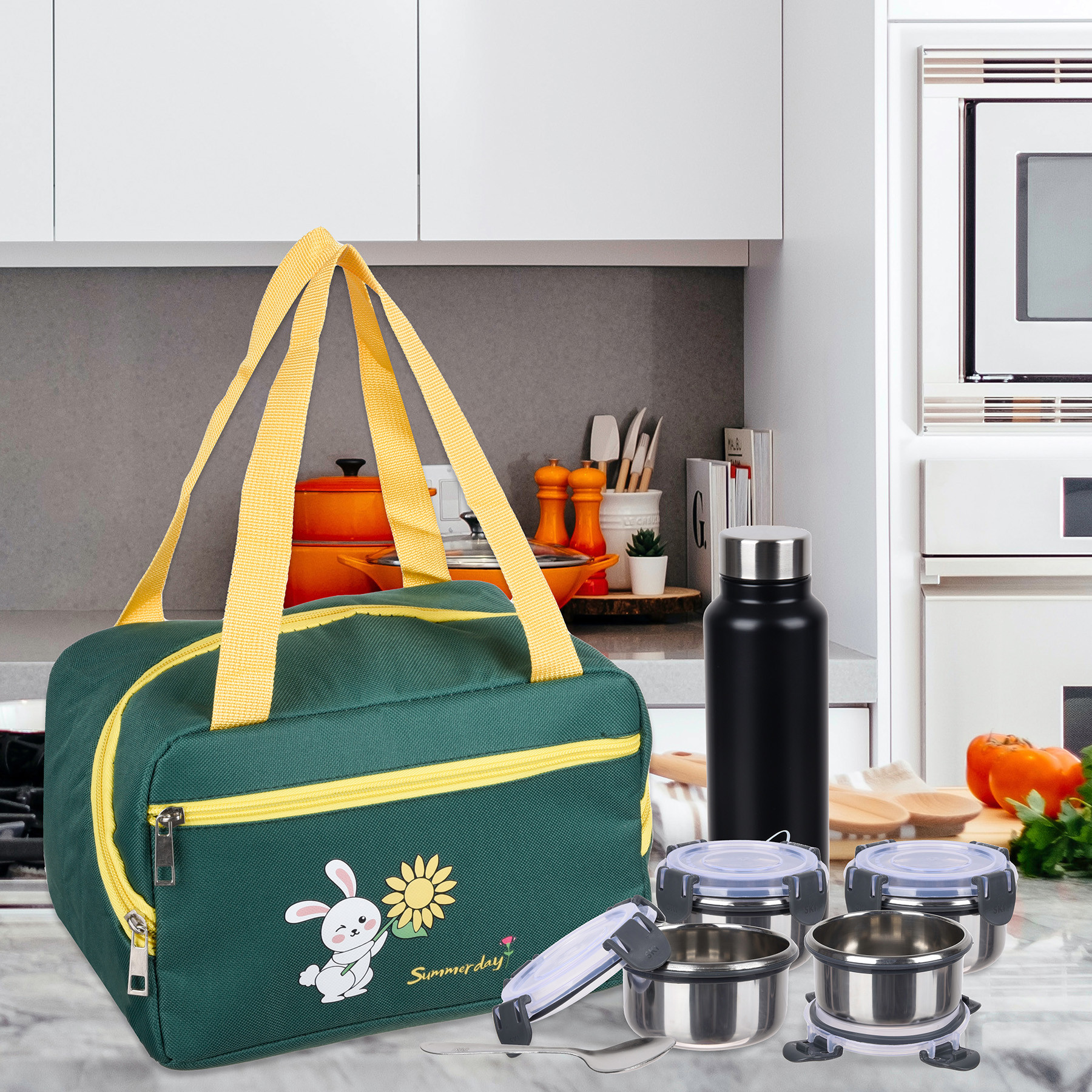 Kuber Industries Lunch Bag | Thermal Insulated Lunch Bag | Lunch Bag for Office | Lunch Bag for Camping with Front Pocket | Waterproof Tiffin Cover with Handle | Summer Rabbit | Green