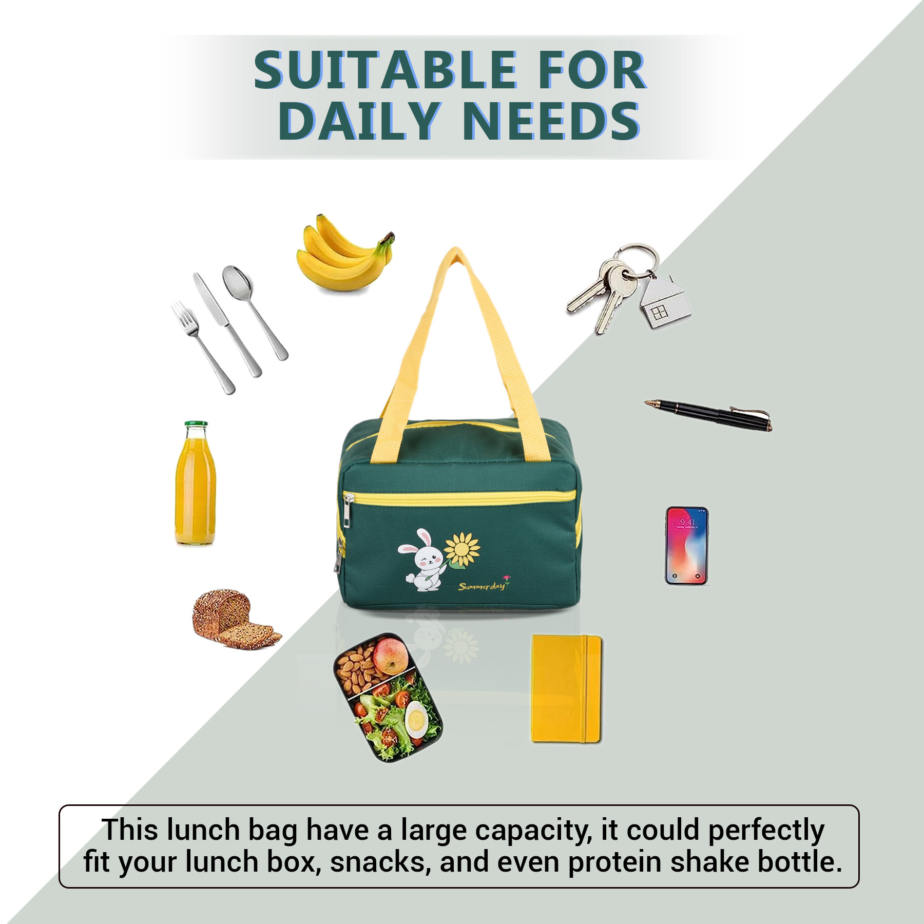 Kuber Industries Lunch Bag | Thermal Insulated Lunch Bag | Lunch Bag for Office | Lunch Bag for Camping with Front Pocket | Waterproof Tiffin Cover with Handle | Summer Rabbit | Green