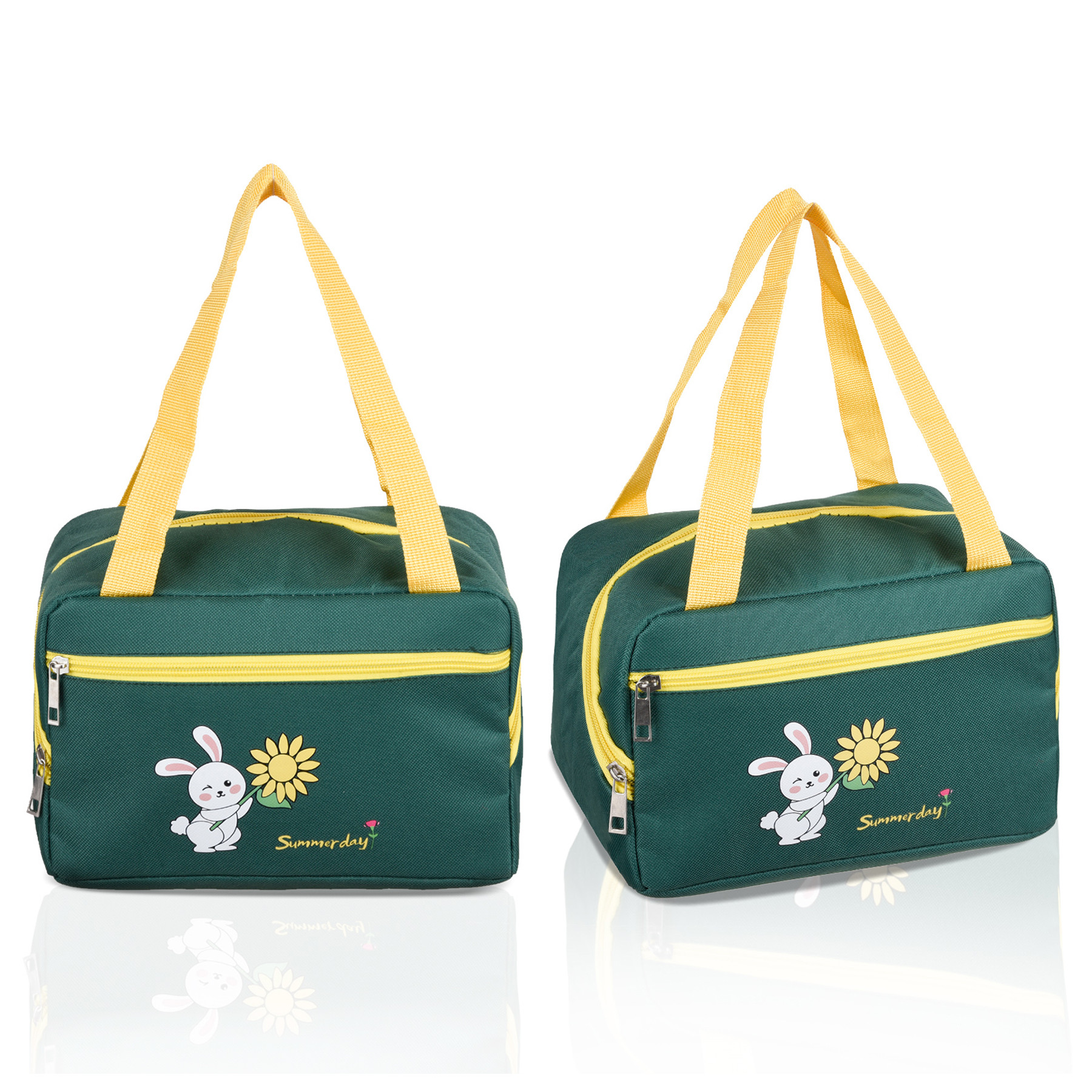 Kuber Industries Lunch Bag | Thermal Insulated Lunch Bag | Lunch Bag for Office | Lunch Bag for Camping with Front Pocket | Waterproof Tiffin Cover with Handle | Summer Rabbit | Green