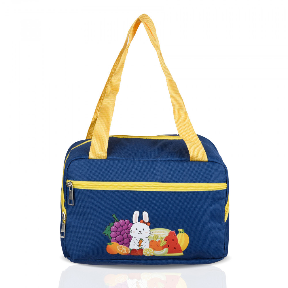 Kuber Industries Lunch Bag | Thermal Insulated Lunch Bag | Lunch Bag for Office | Lunch Bag for Camping with Front Pocket | Waterproof Tiffin Cover with Handle | Fruit Rabbit-Print | Blue