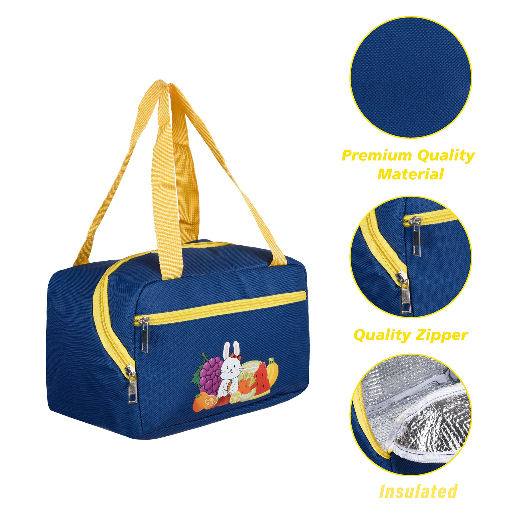 Kuber Industries Lunch Bag | Thermal Insulated Lunch Bag | Lunch Bag for Office | Lunch Bag for Camping with Front Pocket | Waterproof Tiffin Cover with Handle | Fruit Rabbit-Print | Blue