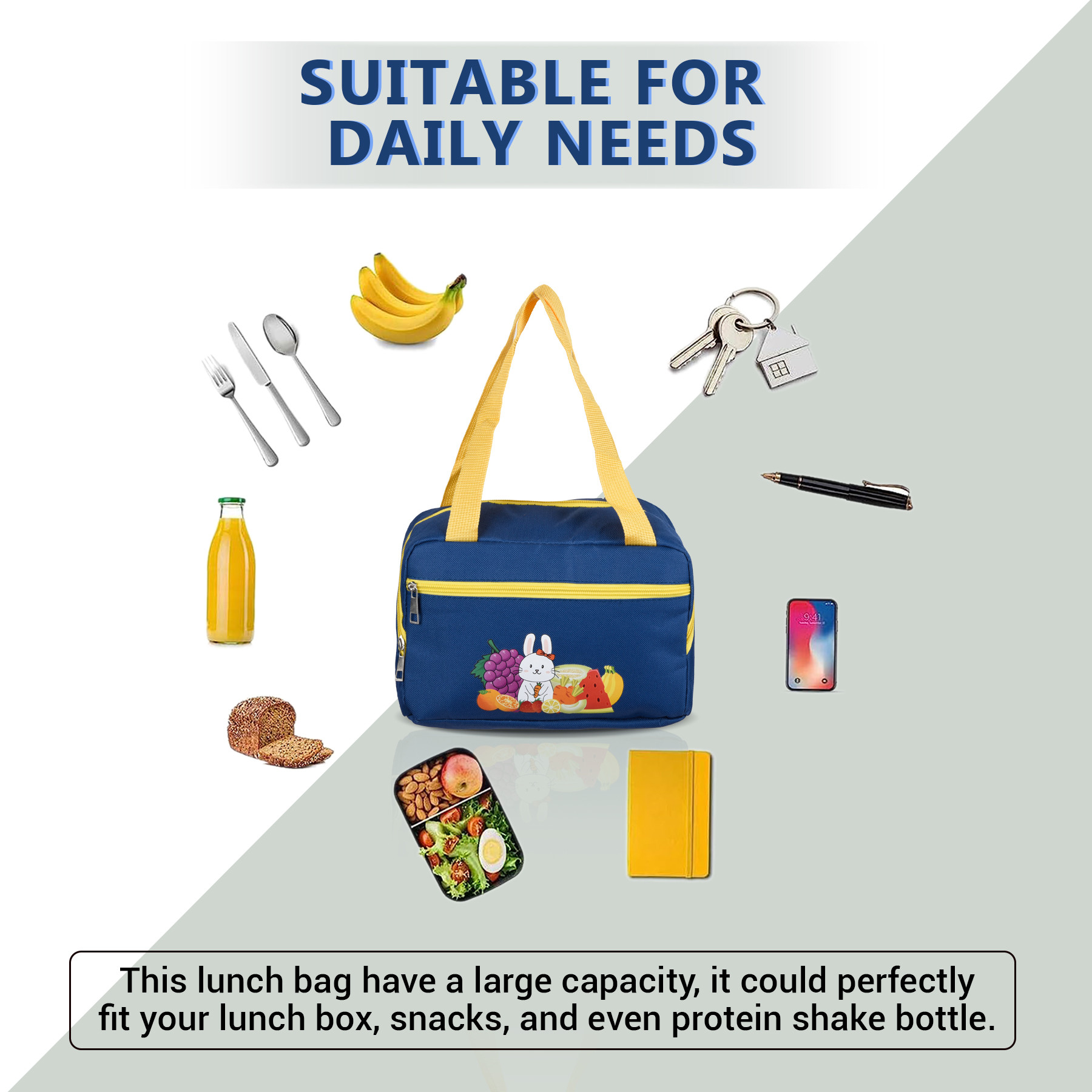 Kuber Industries Lunch Bag | Thermal Insulated Lunch Bag | Lunch Bag for Office | Lunch Bag for Camping with Front Pocket | Waterproof Tiffin Cover with Handle | Fruit Rabbit-Print | Blue