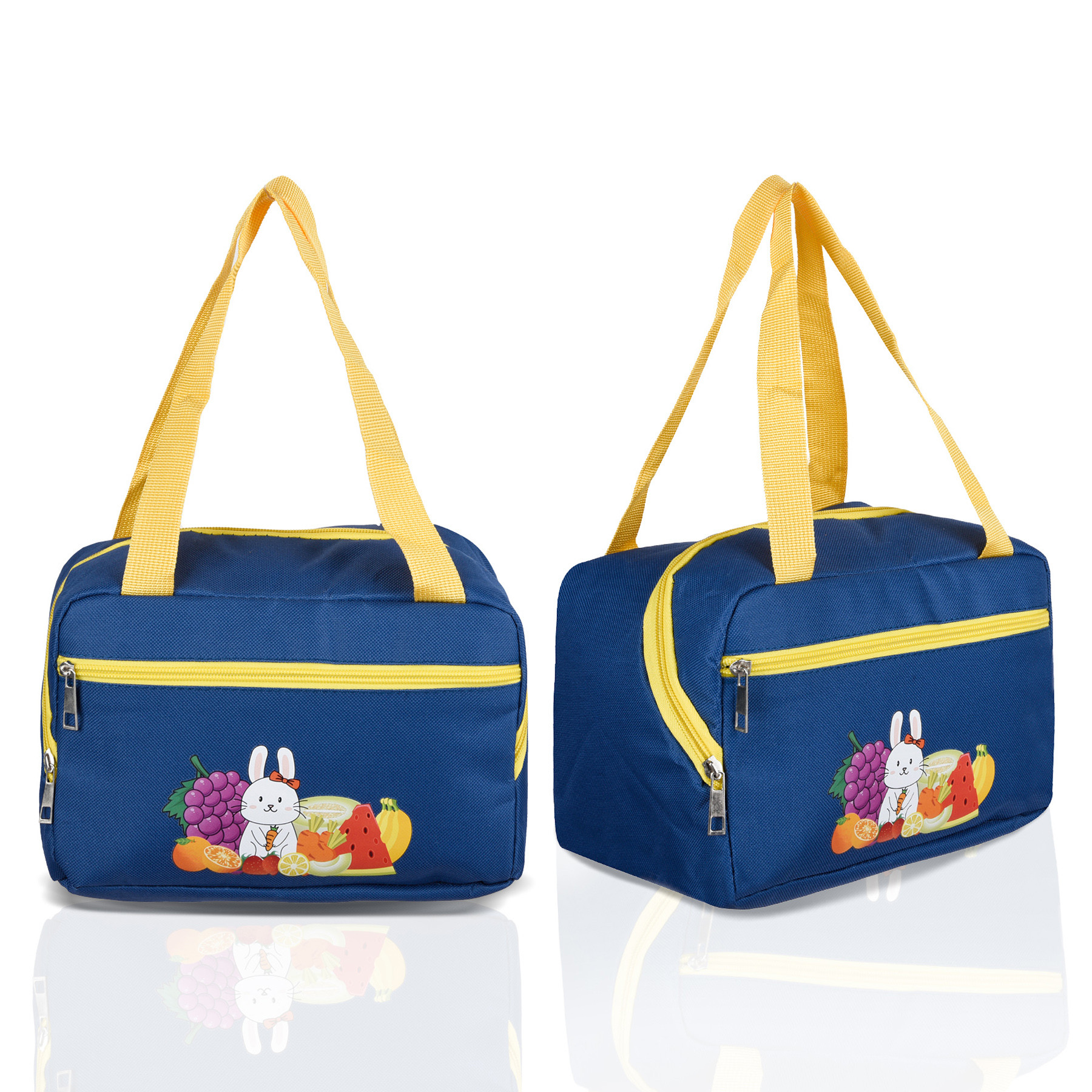 Kuber Industries Lunch Bag | Thermal Insulated Lunch Bag | Lunch Bag for Office | Lunch Bag for Camping with Front Pocket | Waterproof Tiffin Cover with Handle | Fruit Rabbit-Print | Blue