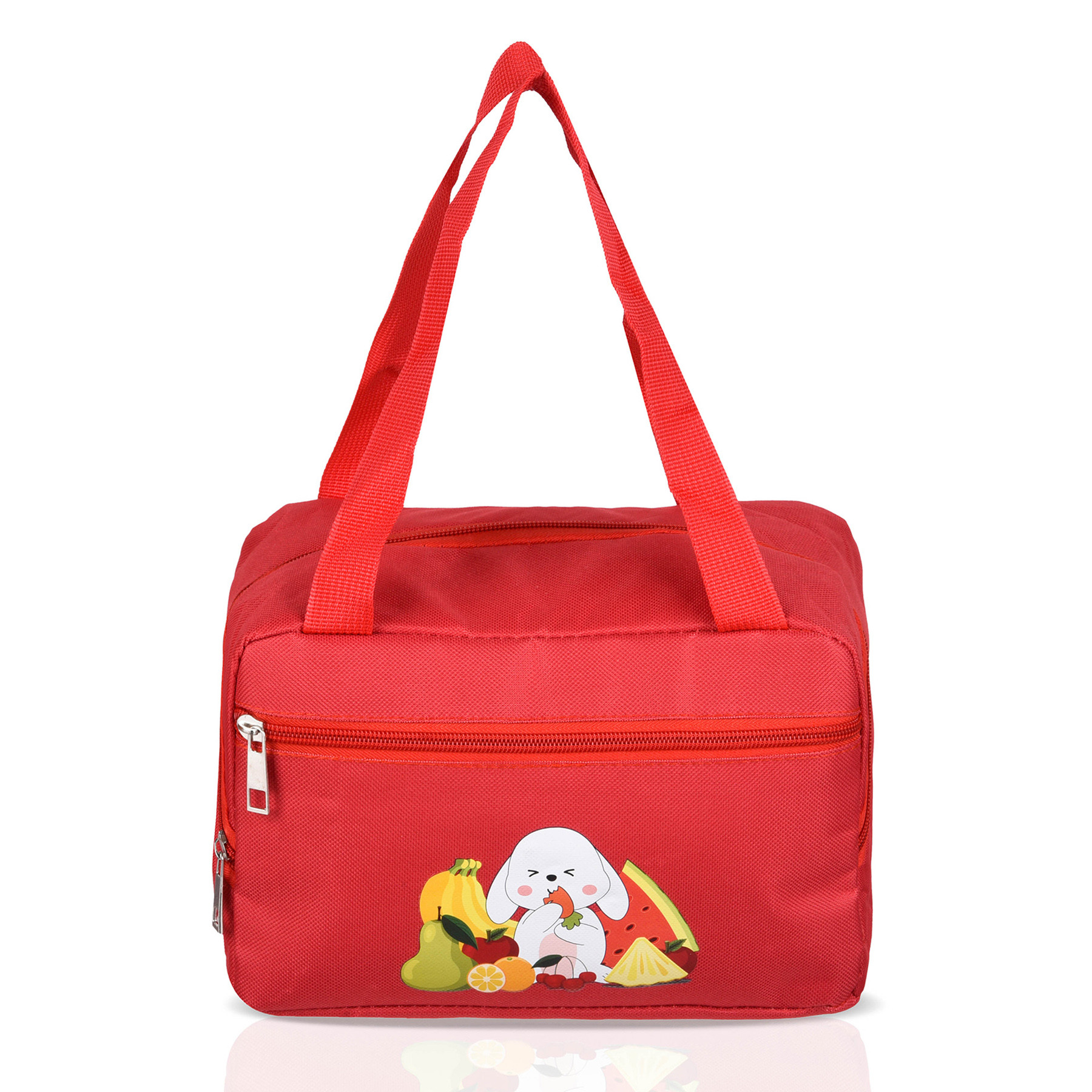 Kuber Industries Lunch Bag | Thermal Insulated Lunch Bag | Lunch Bag for Office | Lunch Bag for Camping with Front Pocket | Waterproof Tiffin Cover with Handle | Fruit Rabbit-Print | Red