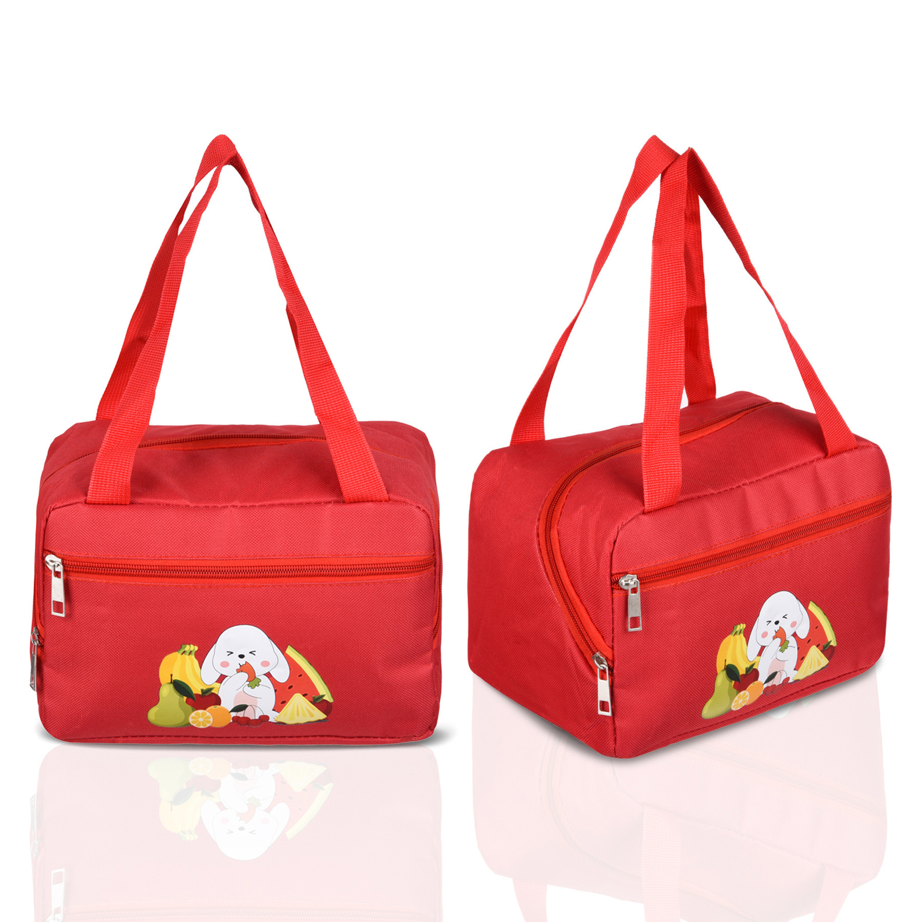 Kuber Industries Lunch Bag | Thermal Insulated Lunch Bag | Lunch Bag for Office | Lunch Bag for Camping with Front Pocket | Waterproof Tiffin Cover with Handle | Fruit Rabbit-Print | Red