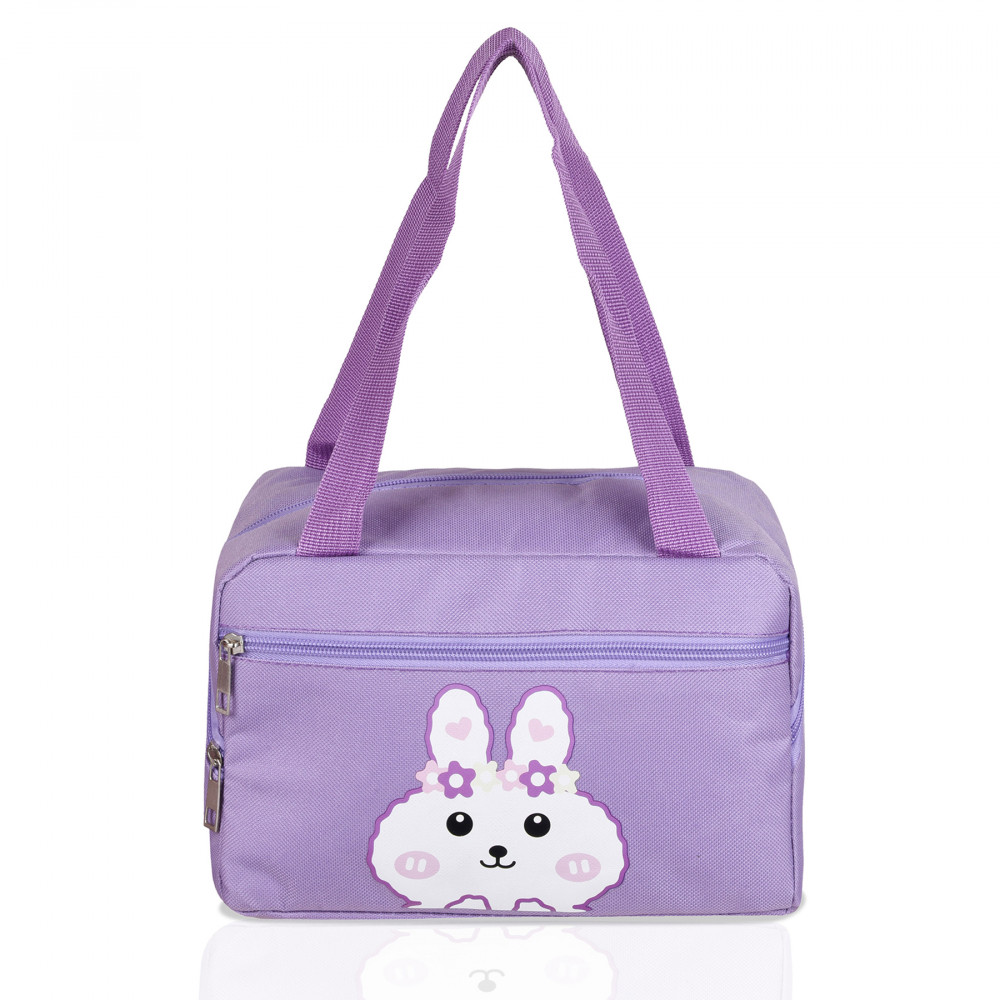Kuber Industries Lunch Bag | Thermal Insulated Lunch Bag | Lunch Bag for Office | Lunch Bag for Camping with Front Pocket | Waterproof Tiffin Cover with Handle | White Rabbit-Print | Purple