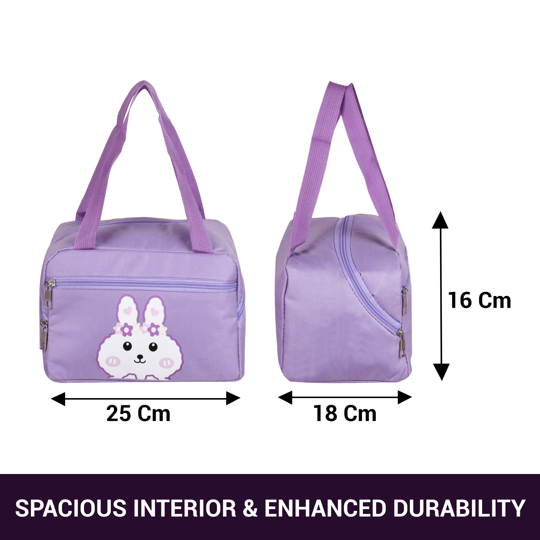 Kuber Industries Lunch Bag | Thermal Insulated Lunch Bag | Lunch Bag for Office | Lunch Bag for Camping with Front Pocket | Waterproof Tiffin Cover with Handle | White Rabbit-Print | Purple