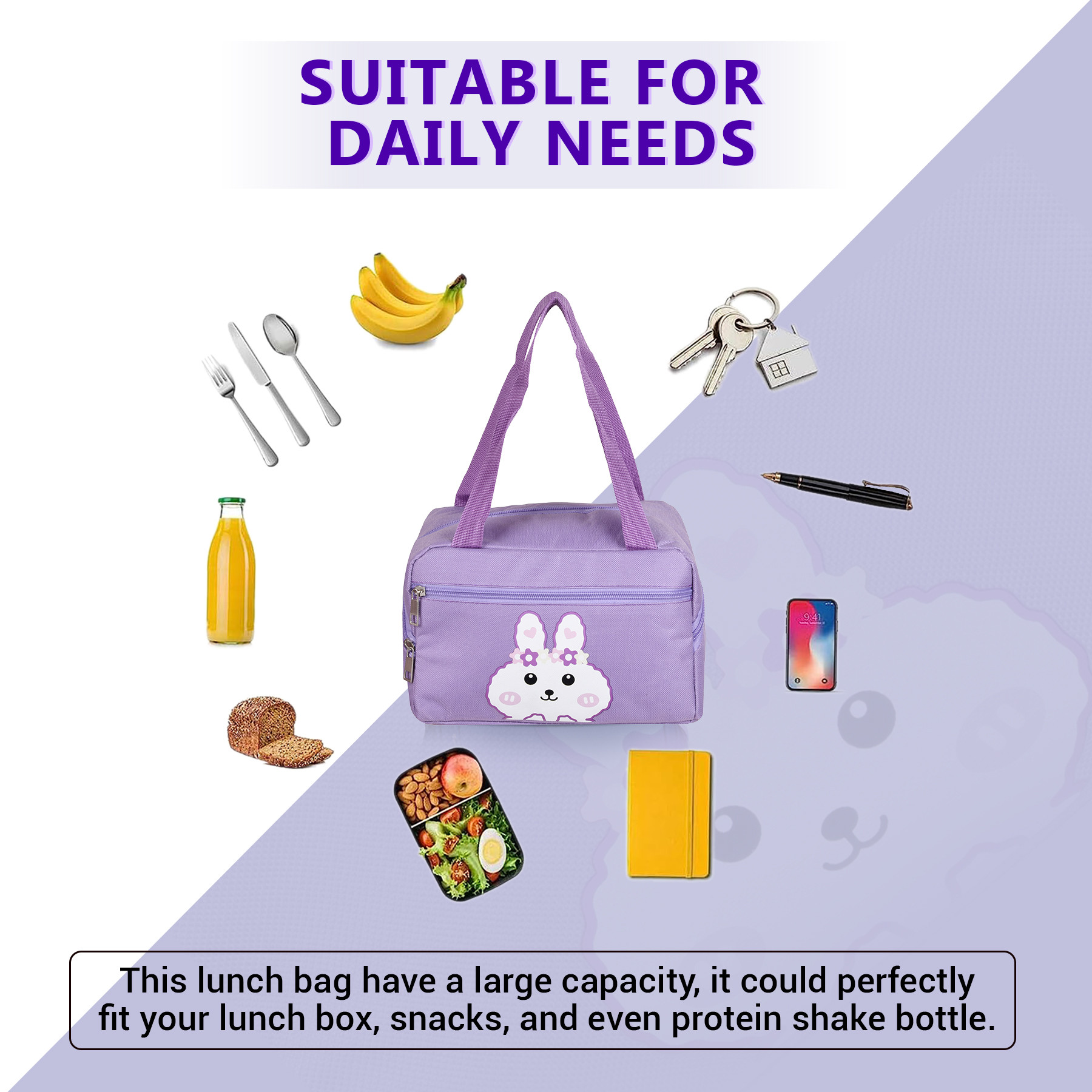 Kuber Industries Lunch Bag | Thermal Insulated Lunch Bag | Lunch Bag for Office | Lunch Bag for Camping with Front Pocket | Waterproof Tiffin Cover with Handle | White Rabbit-Print | Purple