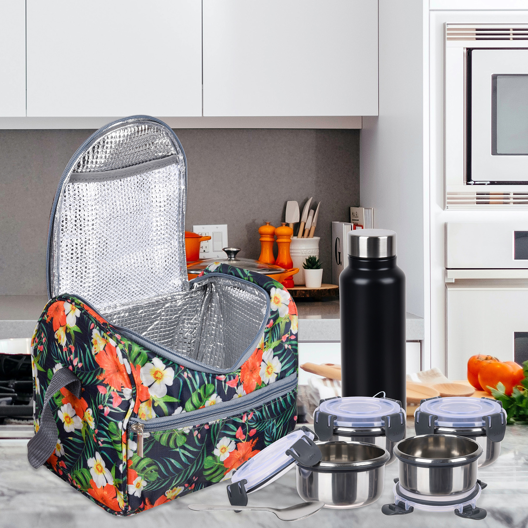 Kuber Industries Lunch Bag  Thermal Insulated Lunch Bag  Waterproof Tiffin Cover with Handle  Front Pocket Lunch Bag for Office  Printed Lunch Bag for Camping  Gray