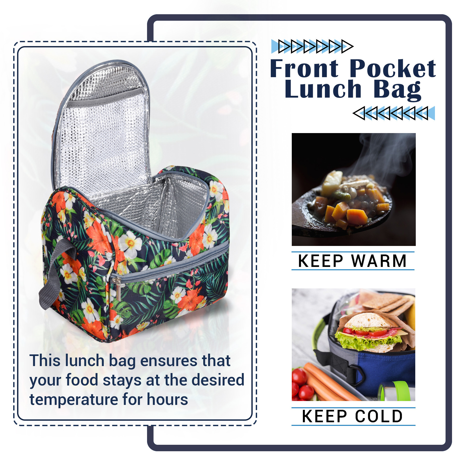 Kuber Industries Lunch Bag | Thermal Insulated Lunch Bag | Waterproof Tiffin Cover with Handle | Front Pocket Lunch Bag for Office | Printed Lunch Bag for Camping | Gray