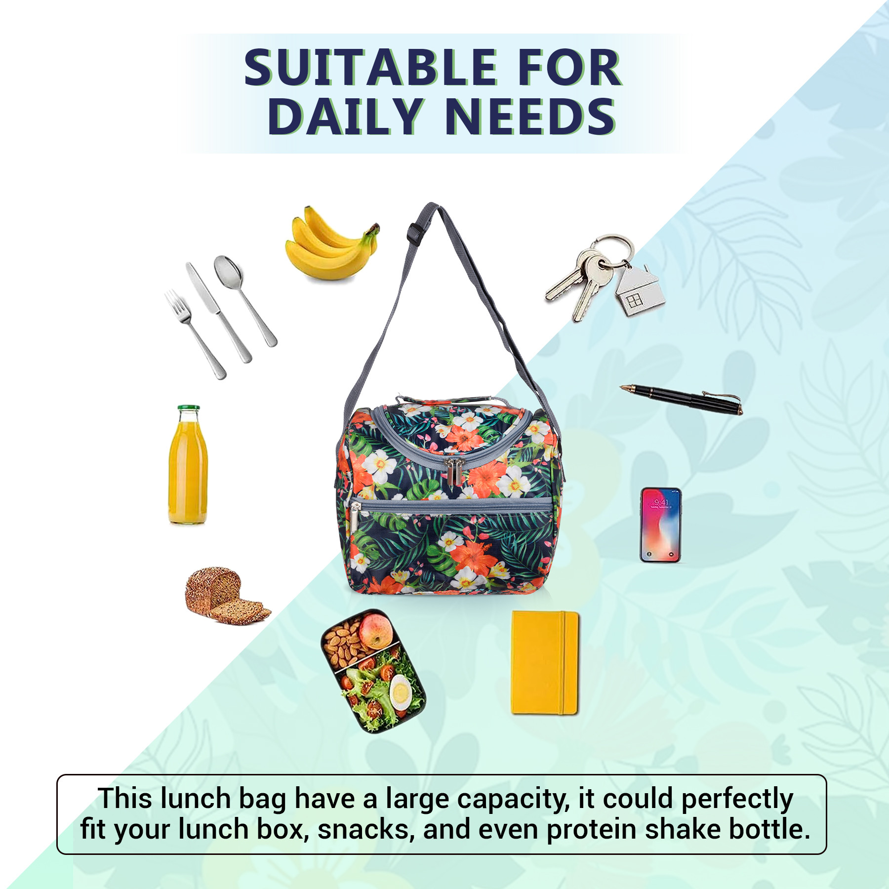 Kuber Industries Lunch Bag | Thermal Insulated Lunch Bag | Waterproof Tiffin Cover with Handle | Front Pocket Lunch Bag for Office | Printed Lunch Bag for Camping | Gray