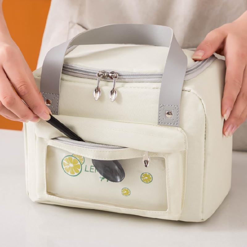 Kuber Industries Lunch Bag | Tiffin Storage Bag | Office Lunch Bag with Handle | Lunch Bag for Camping | Front Pocket Lunch Bag | Thermal Insulated Lunch Bag | RH215-CRM | Beige