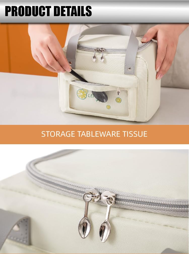 Kuber Industries Lunch Bag | Tiffin Storage Bag | Office Lunch Bag with Handle | Lunch Bag for Camping | Front Pocket Lunch Bag | Thermal Insulated Lunch Bag | RH215-CRM | Beige