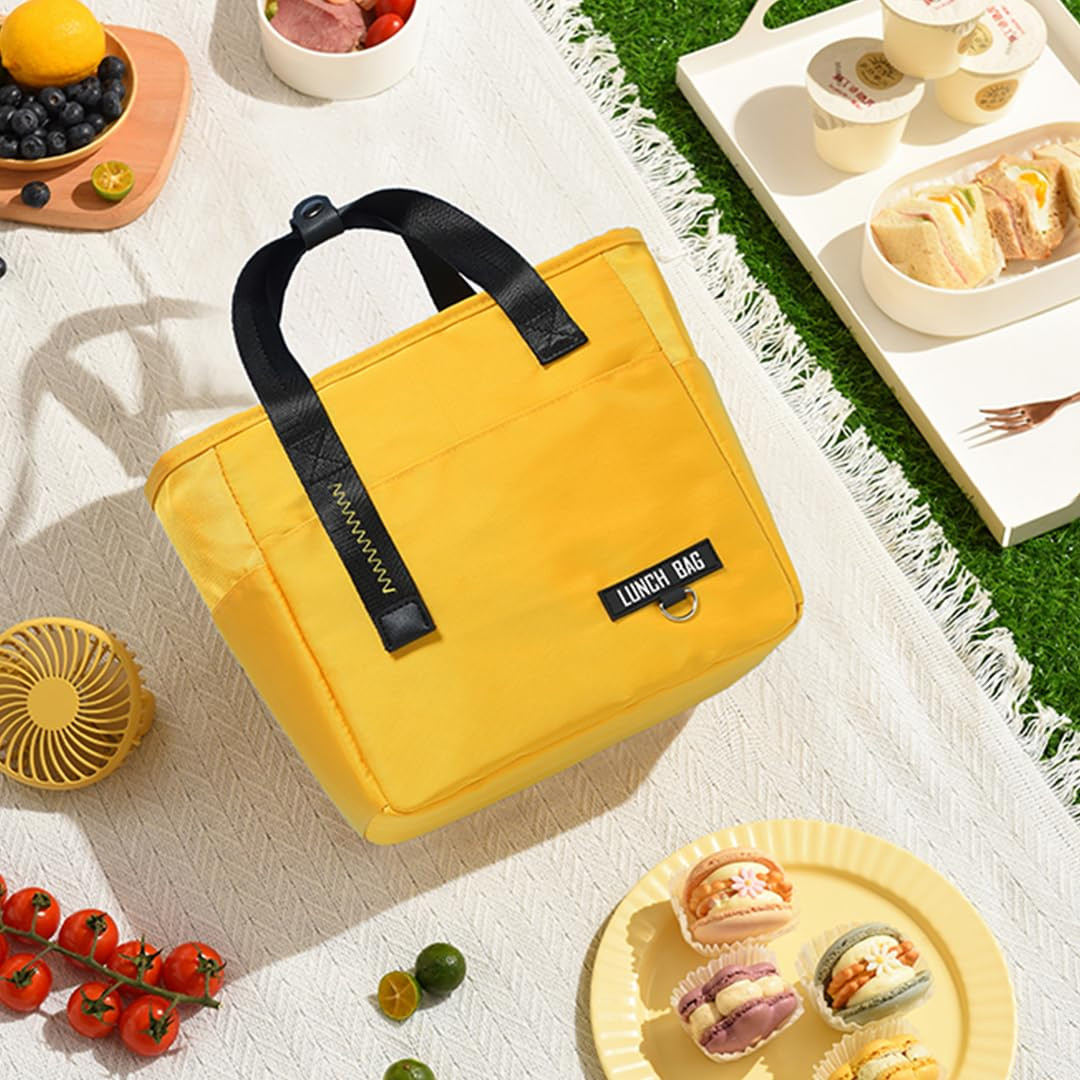Kuber Industries Lunch Bag | Tiffin Storage Bag | Office Lunch Bag with Handle | Lunch Bag for Camping | Front Pocket Lunch Bag | Thermal Insulated Lunch Bag | RH253-YEL | Yellow