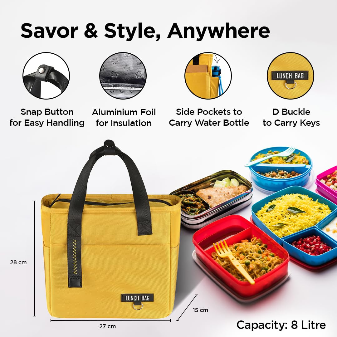 Kuber Industries Lunch Bag | Tiffin Storage Bag | Office Lunch Bag with Handle | Lunch Bag for Camping | Front Pocket Lunch Bag | Thermal Insulated Lunch Bag | RH253-YEL | Yellow