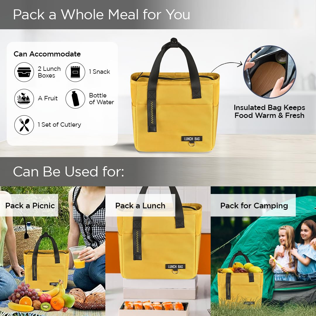 Kuber Industries Lunch Bag | Tiffin Storage Bag | Office Lunch Bag with Handle | Lunch Bag for Camping | Front Pocket Lunch Bag | Thermal Insulated Lunch Bag | RH253-YEL | Yellow