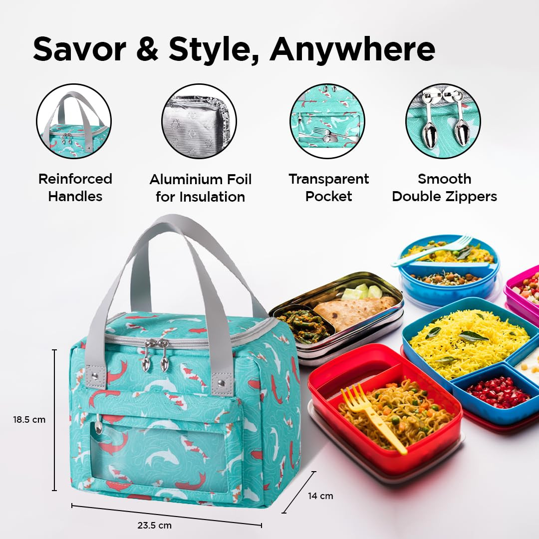 Kuber Industries Lunch Bag | Tiffin Storage Bag | Office Lunch Bag with Handle | Lunch Bag for Camping | Front Pocket Lunch Bag | Thermal Insulated Lunch Bag | RH215-GRN | Green