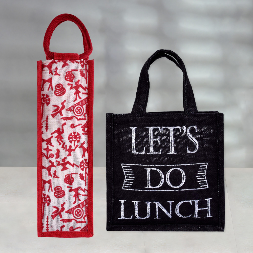 Kuber Industries Lunch Bag &amp; Bottle Bag Combo Set | Lunch &amp; Bottle Organizer Set | Lunch &amp; Bottle Storage Set | Jute Carry Bags | Office Lunch Bag Set | Multi