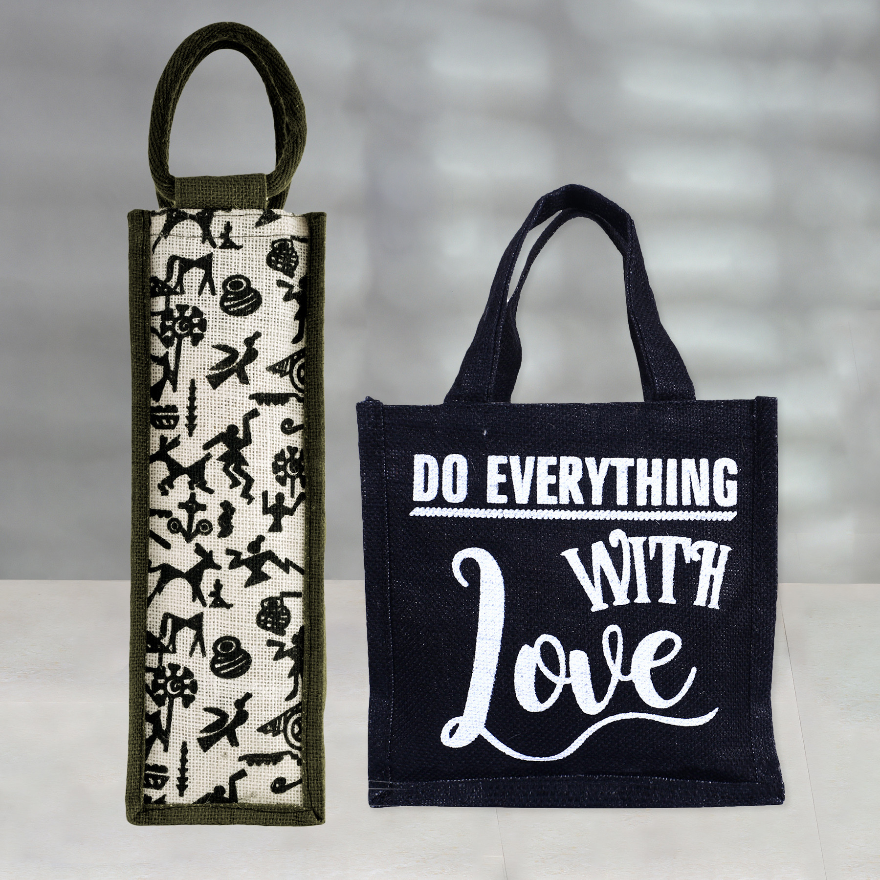 Kuber Industries Lunch Bag & Bottle Bag Combo Set | Lunch & Bottle Organizer Set | Lunch & Bottle Storage Set | Jute Carry Bags | Office Lunch Bag Set | Multi