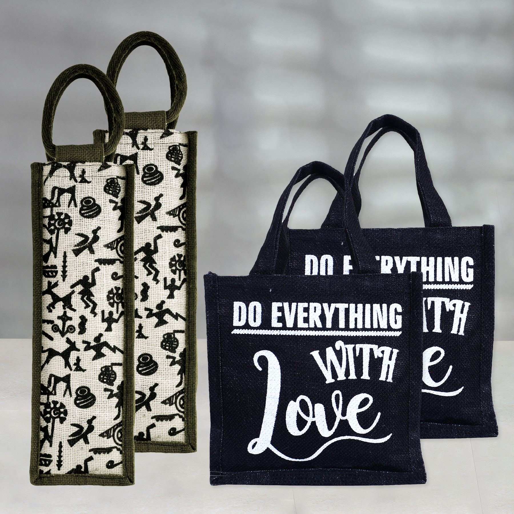 Kuber Industries Lunch Bag & Bottle Bag Combo Set | Lunch & Bottle Organizer Set | Lunch & Bottle Storage Set | Jute Carry Bags | Office Lunch Bag Set | Multi