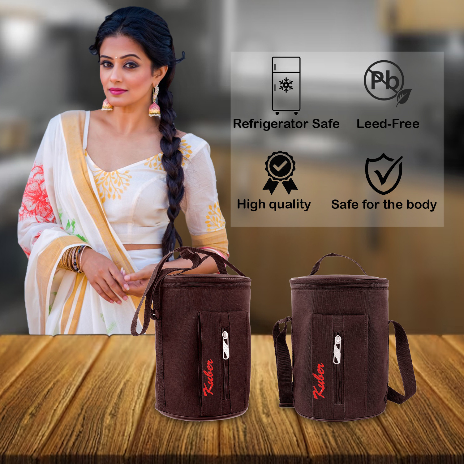 Kuber Industries Lunch Bag|Canvas waterproof Tiffin Bag for Office|Adjustable Shoulder Strap with One Small Zipper Pocket (Brown)