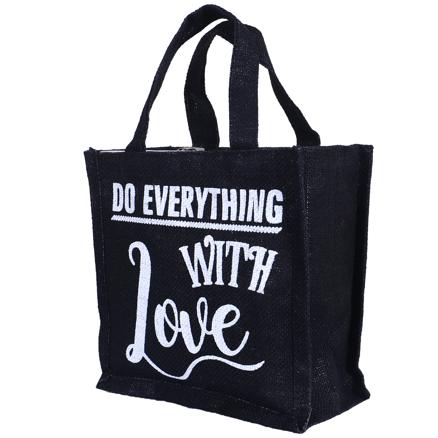 Kuber Industries Lunch Bag|Reusable Jute Fabric Tote Bag|Do Everything With Love Print Tiffin Carry Hand bag with Handle For office,School,Gift (Black)