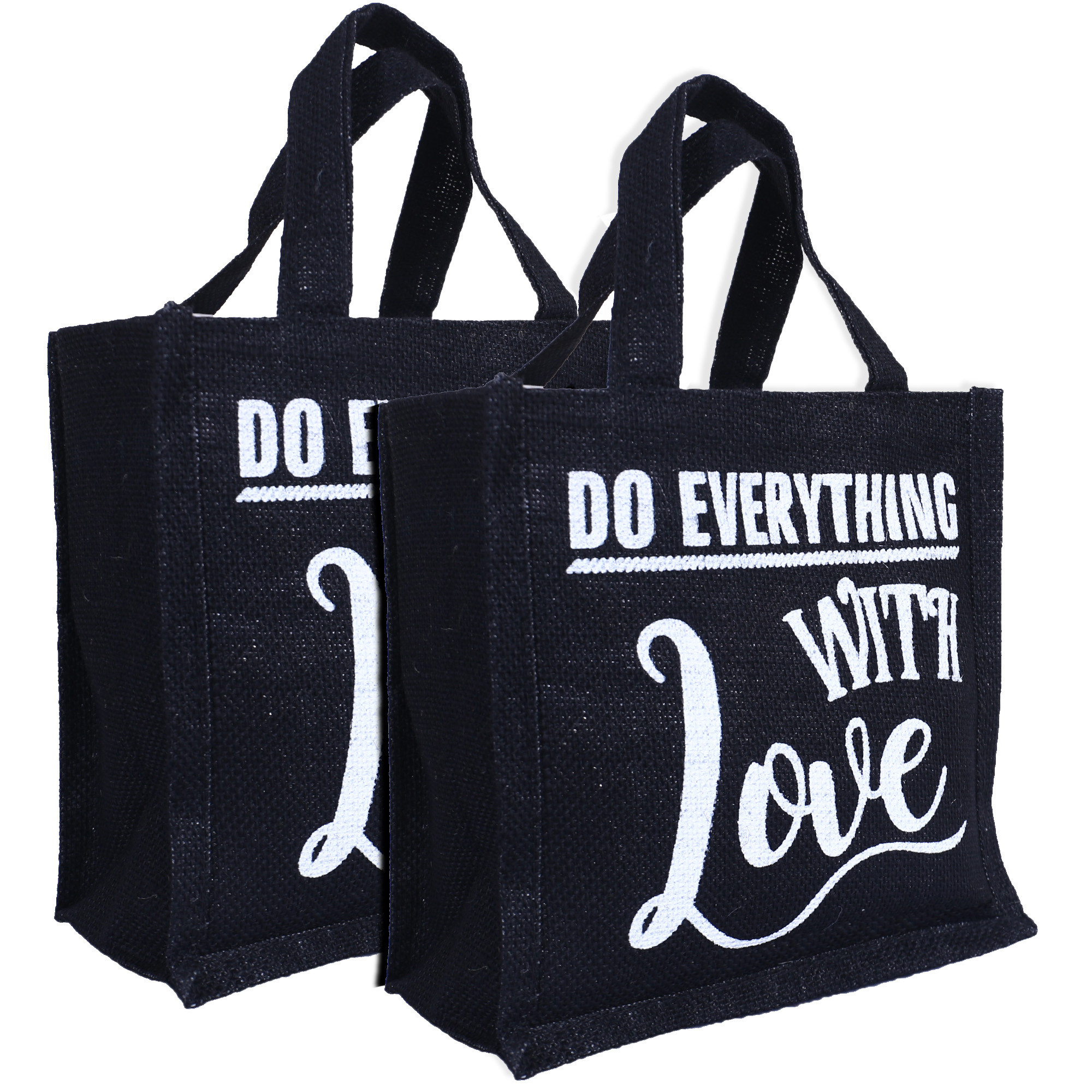 Kuber Industries Lunch Bag|Reusable Jute Fabric Tote Bag|Do Everything With Love Print Tiffin Carry Hand bag with Handle For office,School,Gift (Black)