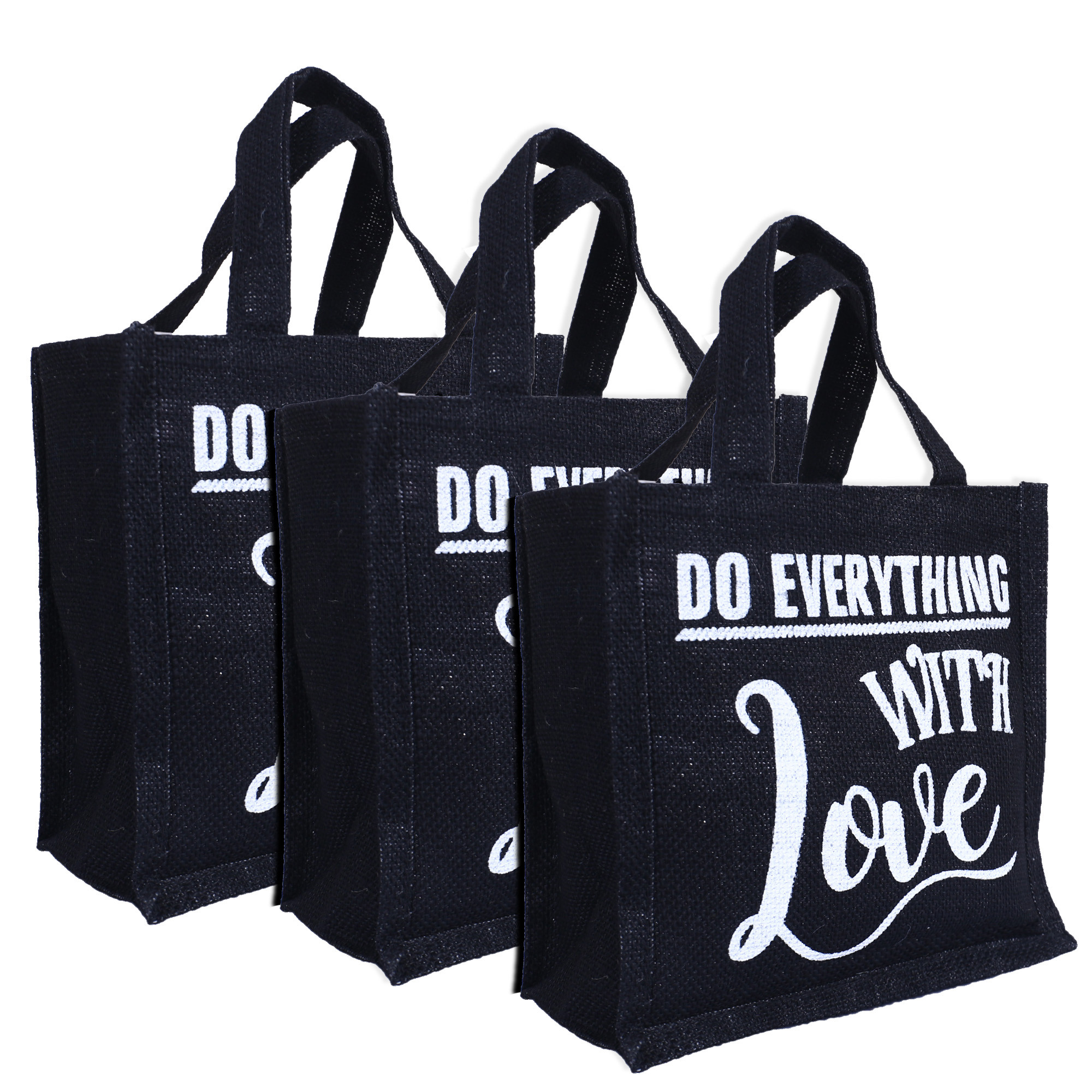 Kuber Industries Lunch Bag|Reusable Jute Fabric Tote Bag|Do Everything With Love Print Tiffin Carry Hand bag with Handle For office,School,Gift (Black)