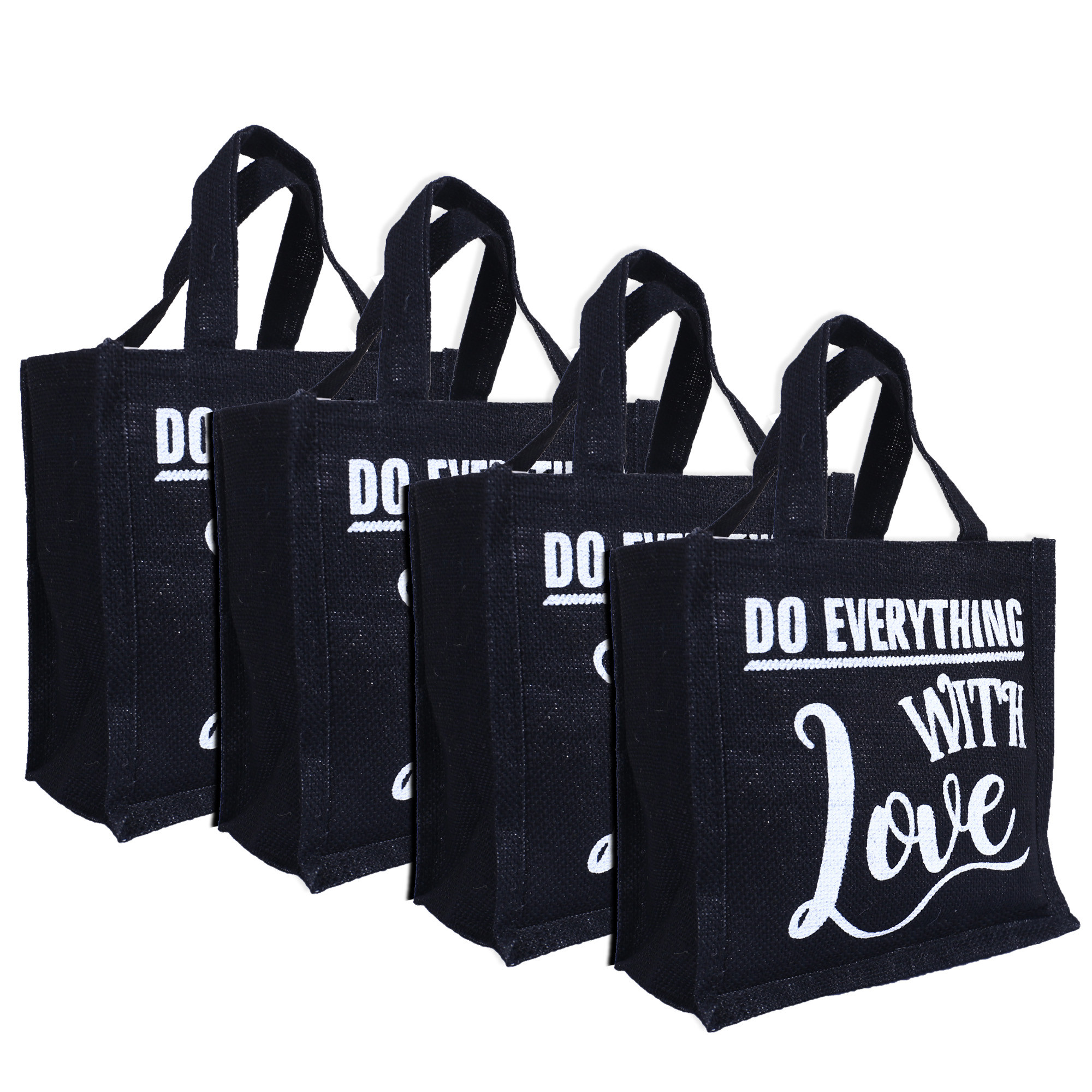 Kuber Industries Lunch Bag|Reusable Jute Fabric Tote Bag|Do Everything With Love Print Tiffin Carry Hand bag with Handle For office,School,Gift (Black)