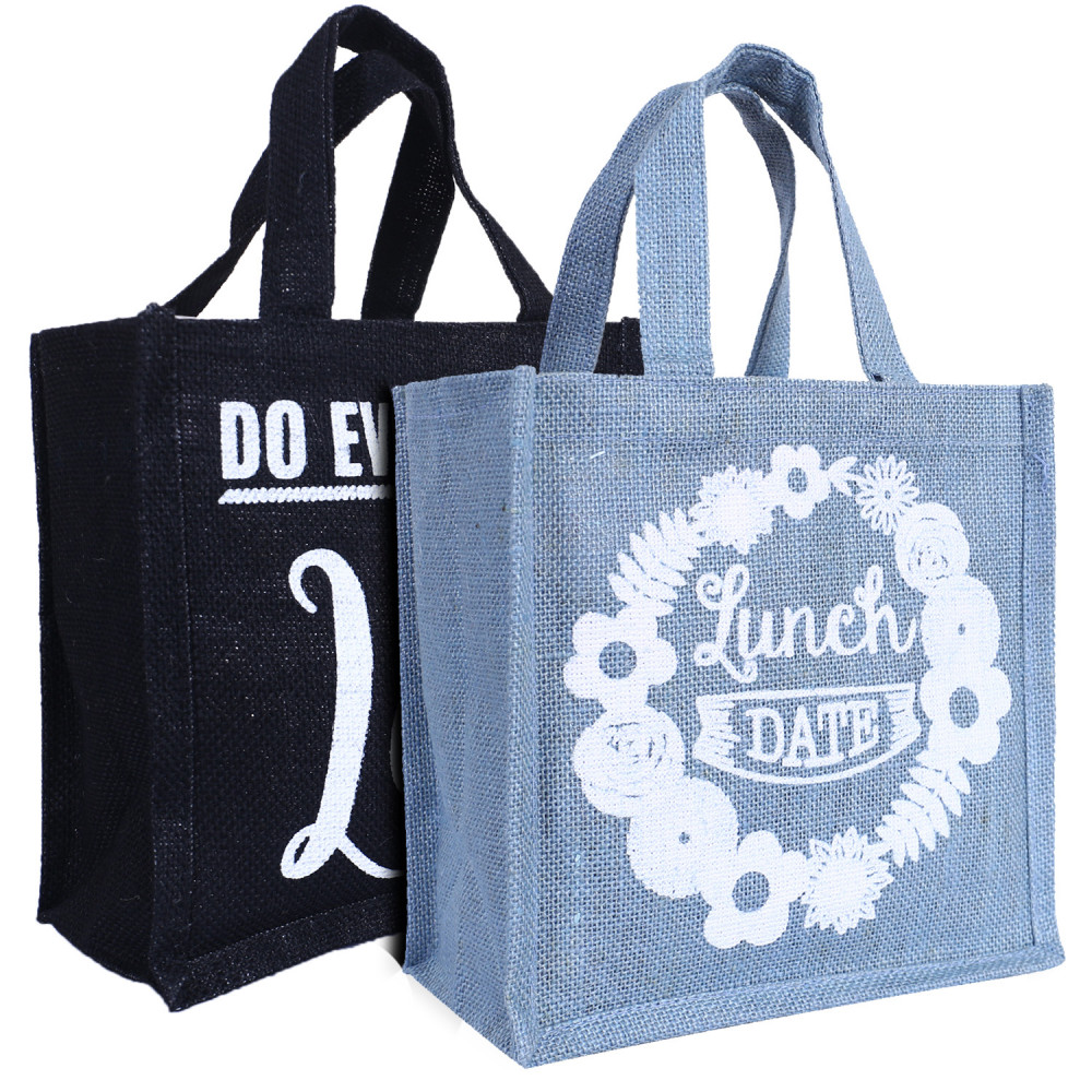 Kuber Industries Lunch Bag|Reusable Jute Fabric Tote Bag|Durable &amp; Attractive Print Tiffin Carry Hand bag with Handle For office,School,Gift,Pack of 2 (Gray &amp; Black)